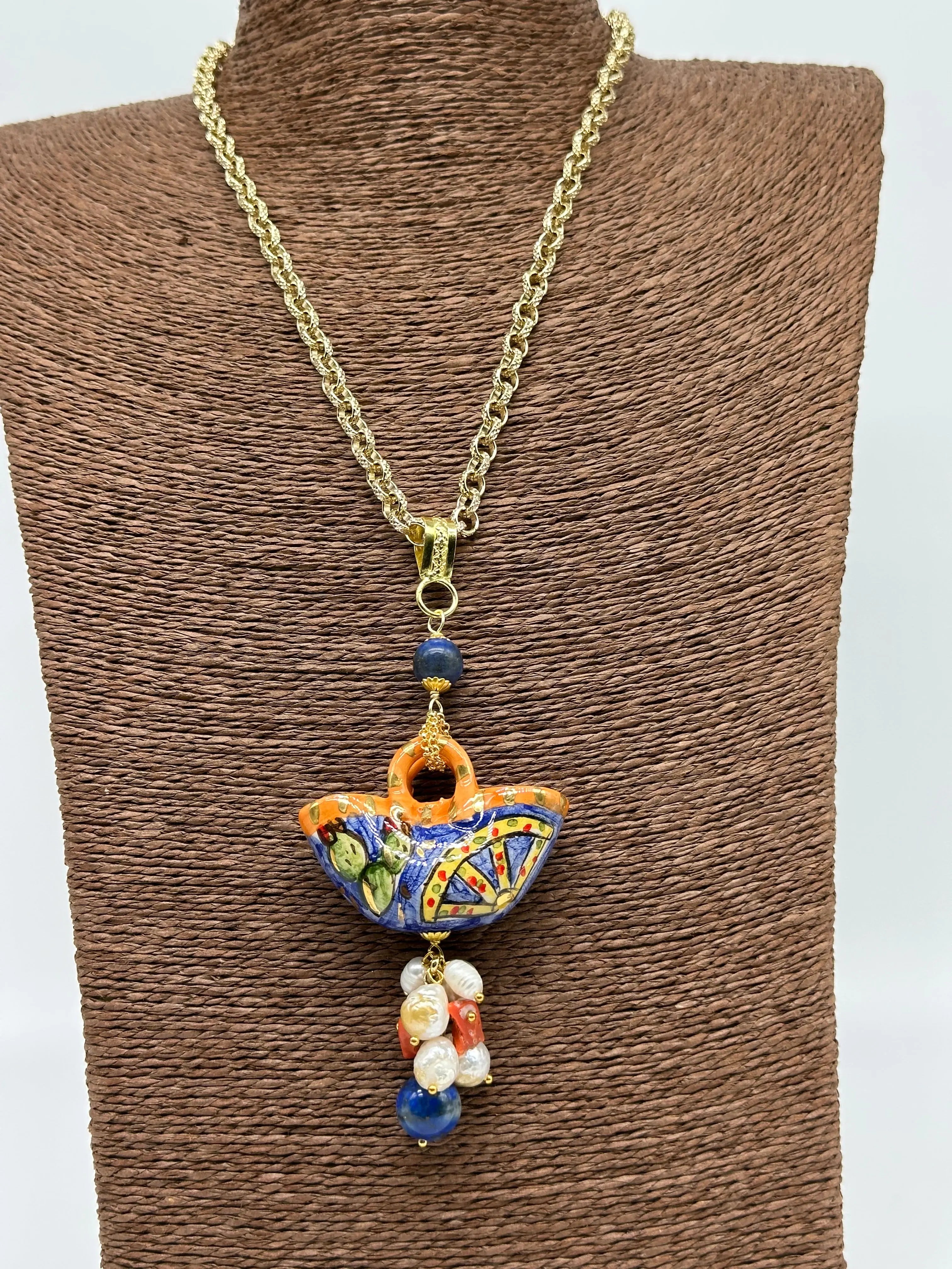 Collana Coffa Siciliana decorata Carretto Siciliano Ceramica di Caltagirone V.1 DD CERAMICHE SICILIANE