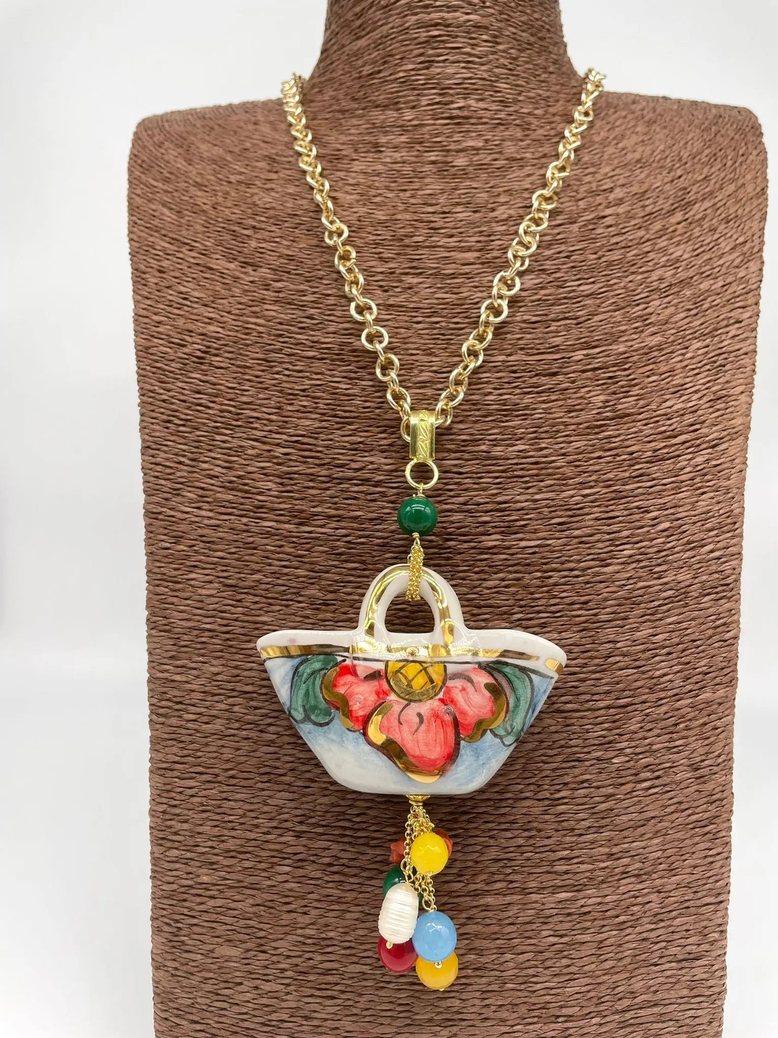 Collana Coffa Siciliana decorata Bianco Ceramica di Caltagirone - DD CERAMICHE SICILIANE