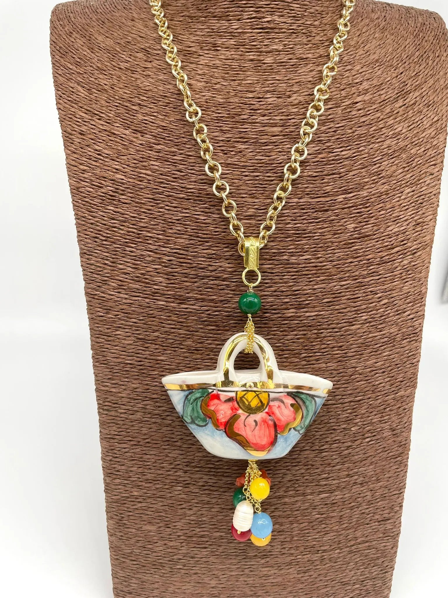 Collana Coffa Siciliana decorata Bianco Ceramica di Caltagirone - DD CERAMICHE SICILIANE