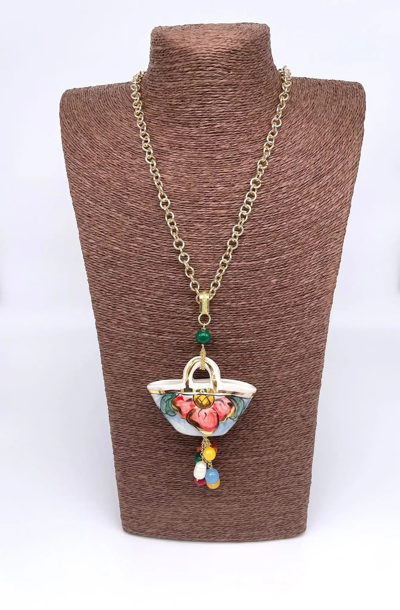 Collana Coffa Siciliana decorata Bianco Ceramica di Caltagirone - DD CERAMICHE SICILIANE