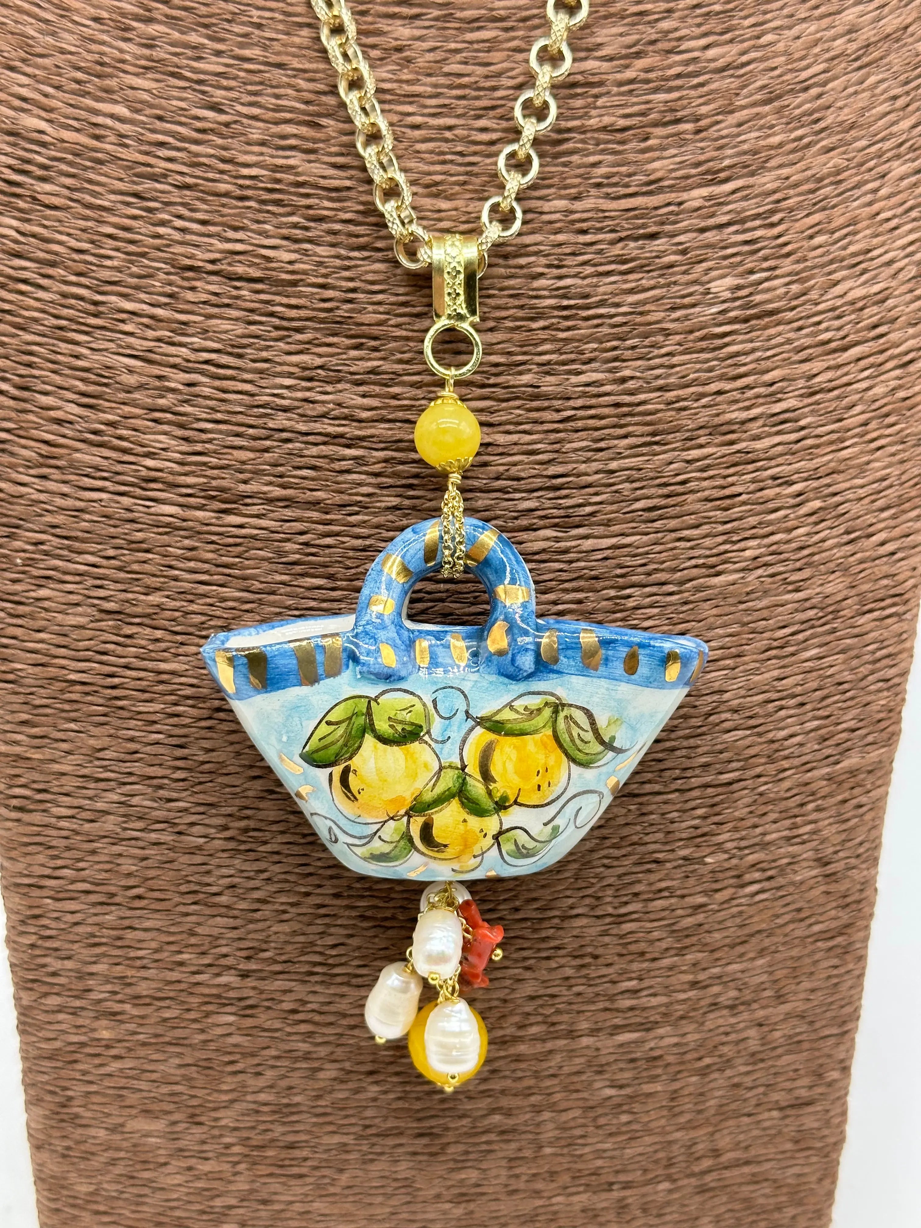 Collana Coffa Siciliana decorata Limoni Ceramica di Caltagirone DD CERAMICHE SICILIANE
