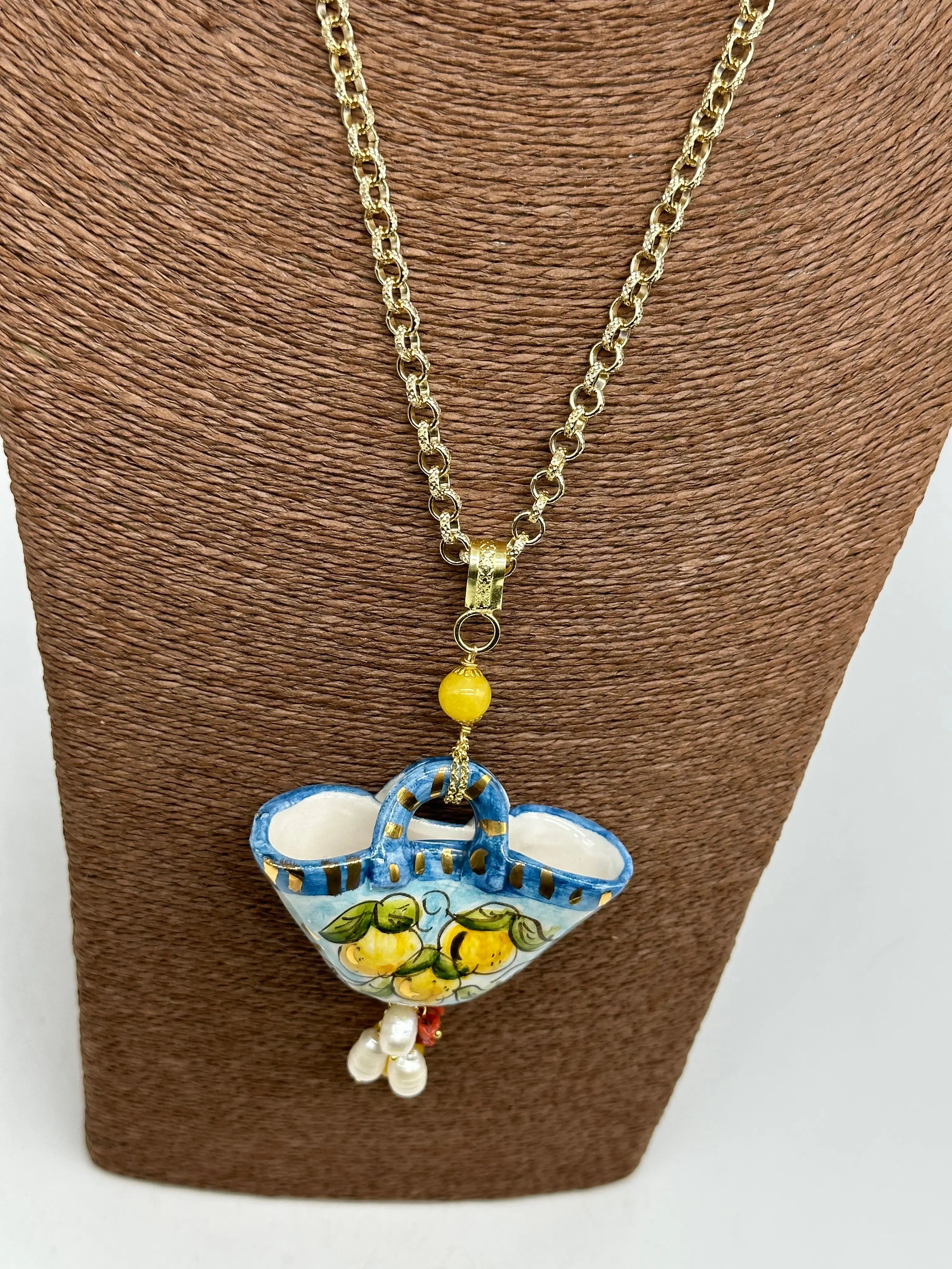 Collana Coffa Siciliana decorata Limoni Ceramica di Caltagirone DD CERAMICHE SICILIANE