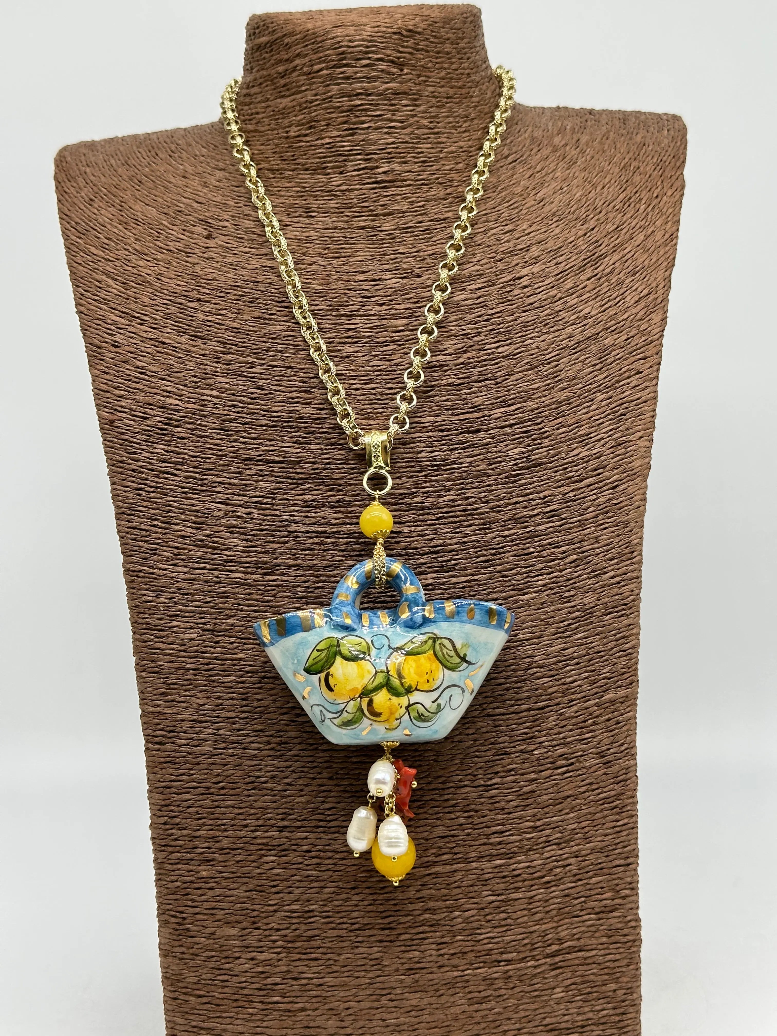 Collana Coffa Siciliana decorata Limoni Ceramica di Caltagirone DD CERAMICHE SICILIANE