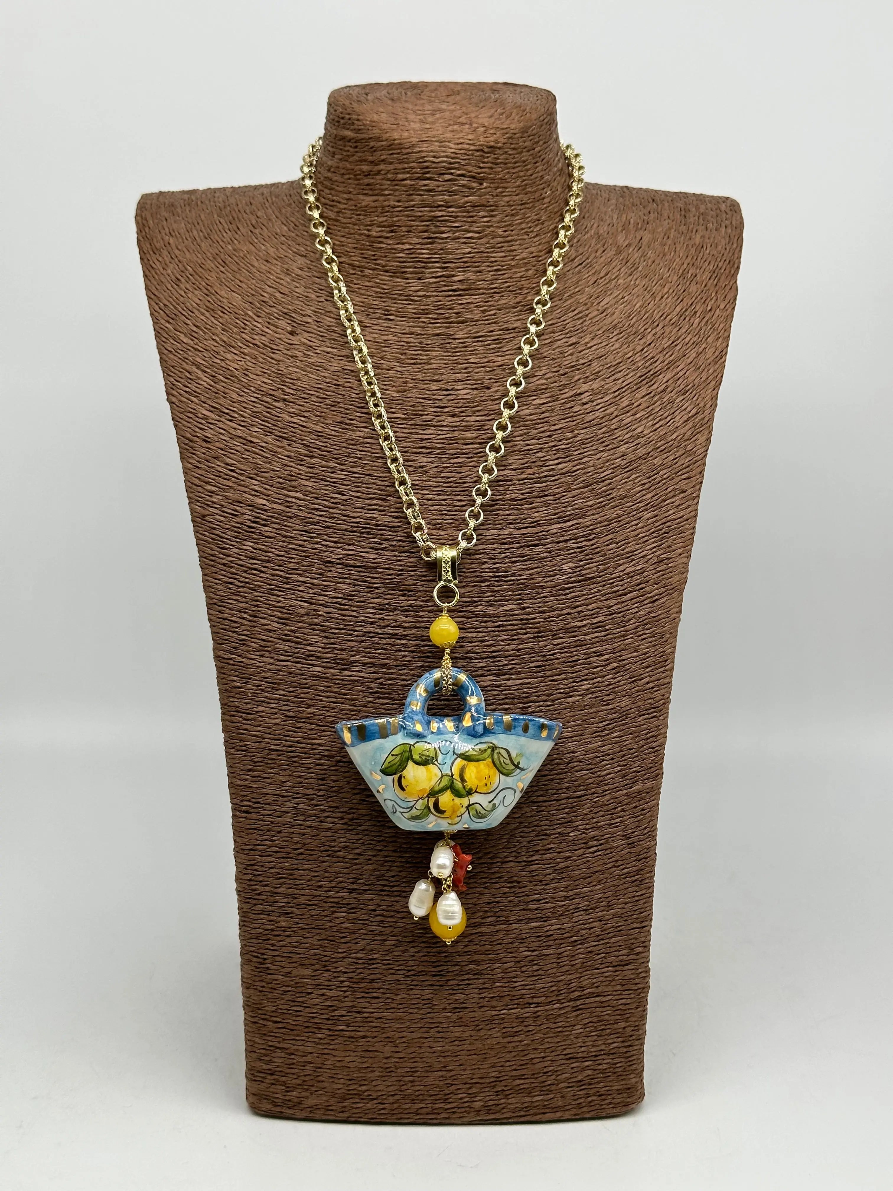 Collana Coffa Siciliana decorata Limoni Ceramica di Caltagirone DD CERAMICHE SICILIANE