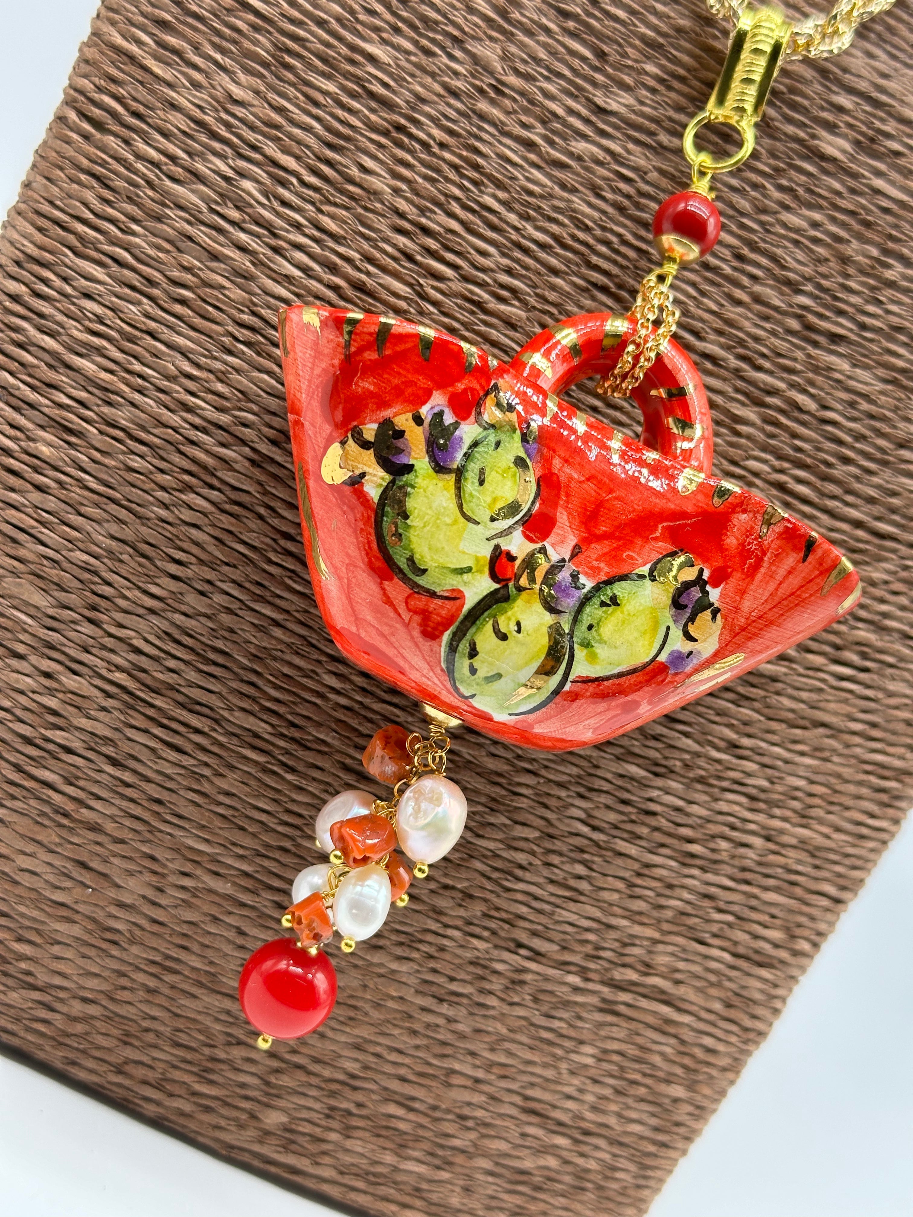 Collana Coffa Siciliana decorata Pale Fichi d’India Ceramica di Caltagirone BIJOUX
