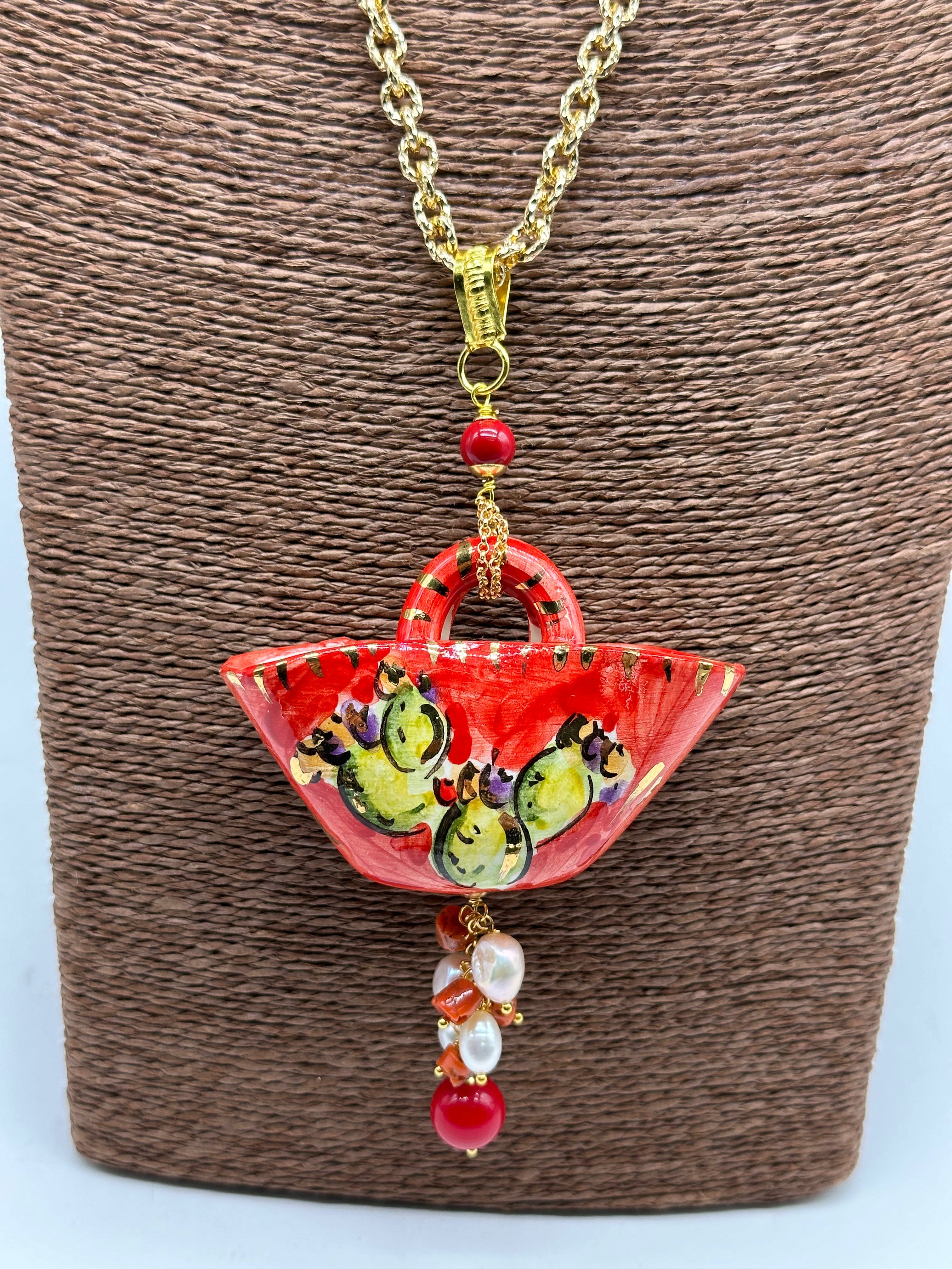 Collana Coffa Siciliana decorata Pale Fichi d’India Ceramica di Caltagirone BIJOUX