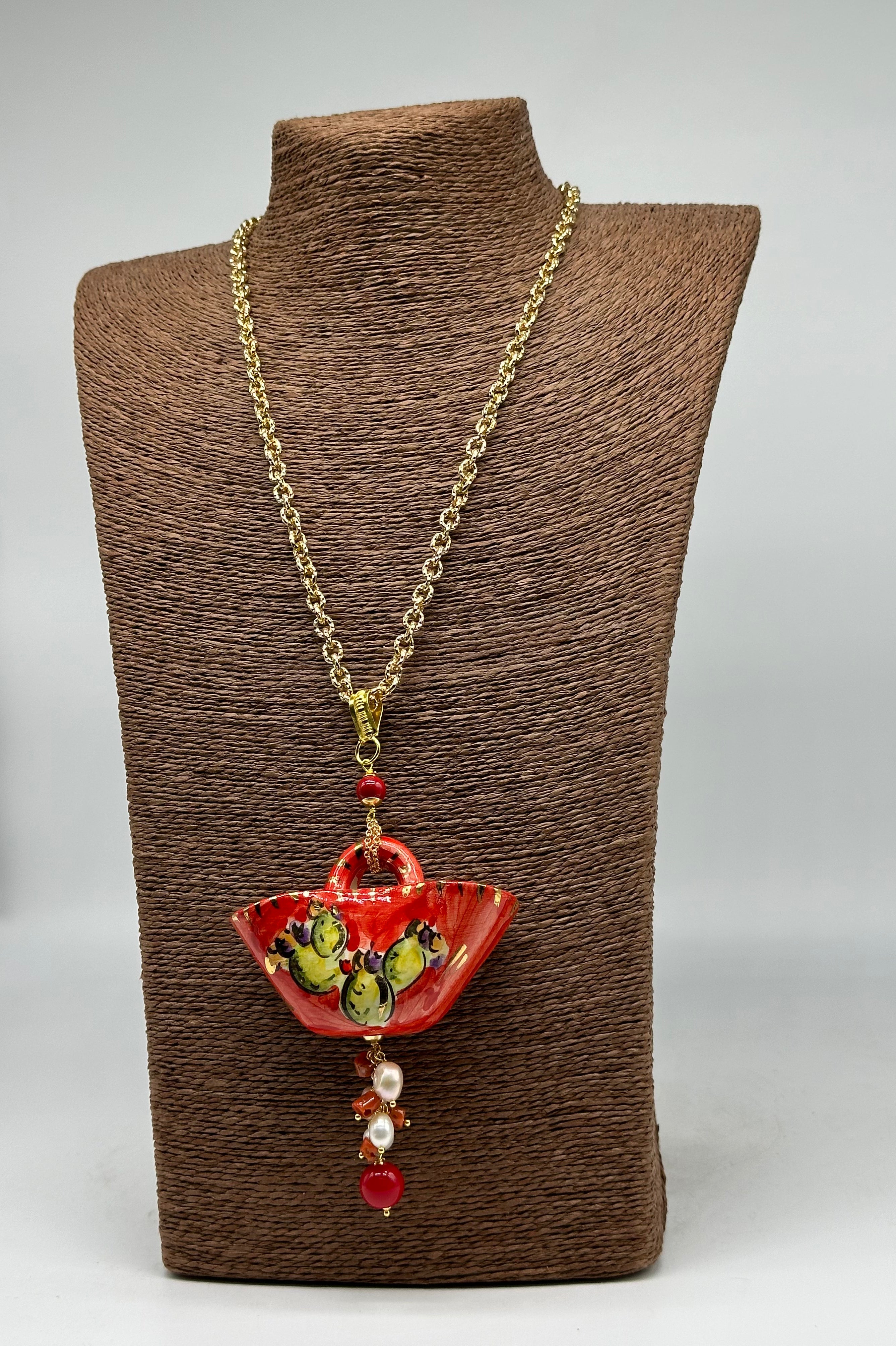 Collana Coffa Siciliana decorata Pale Fichi d’India Ceramica di Caltagirone BIJOUX