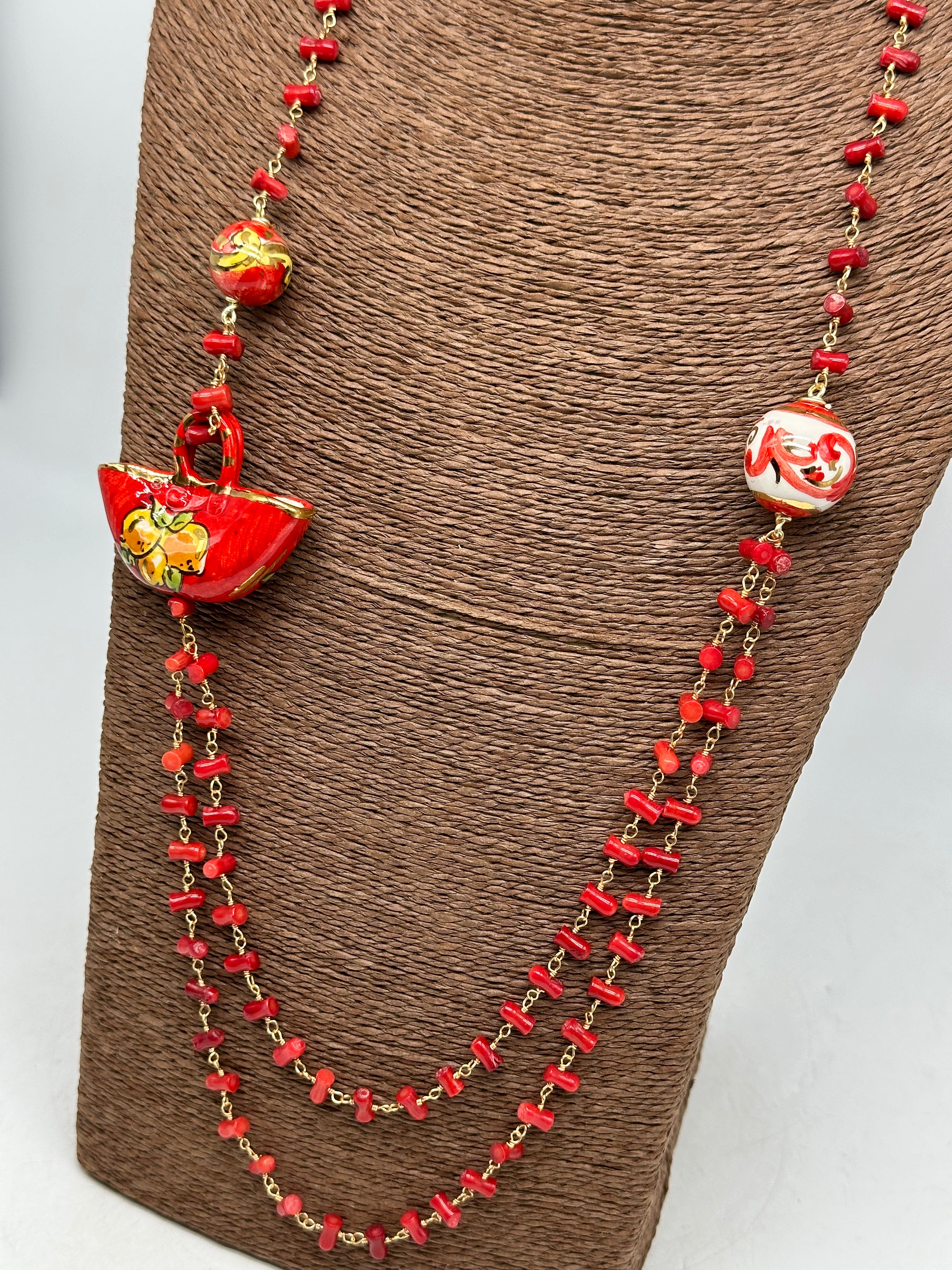 Collana Coffa Siciliana decorata Rosso Ceramica di Caltagirone - COLLANA