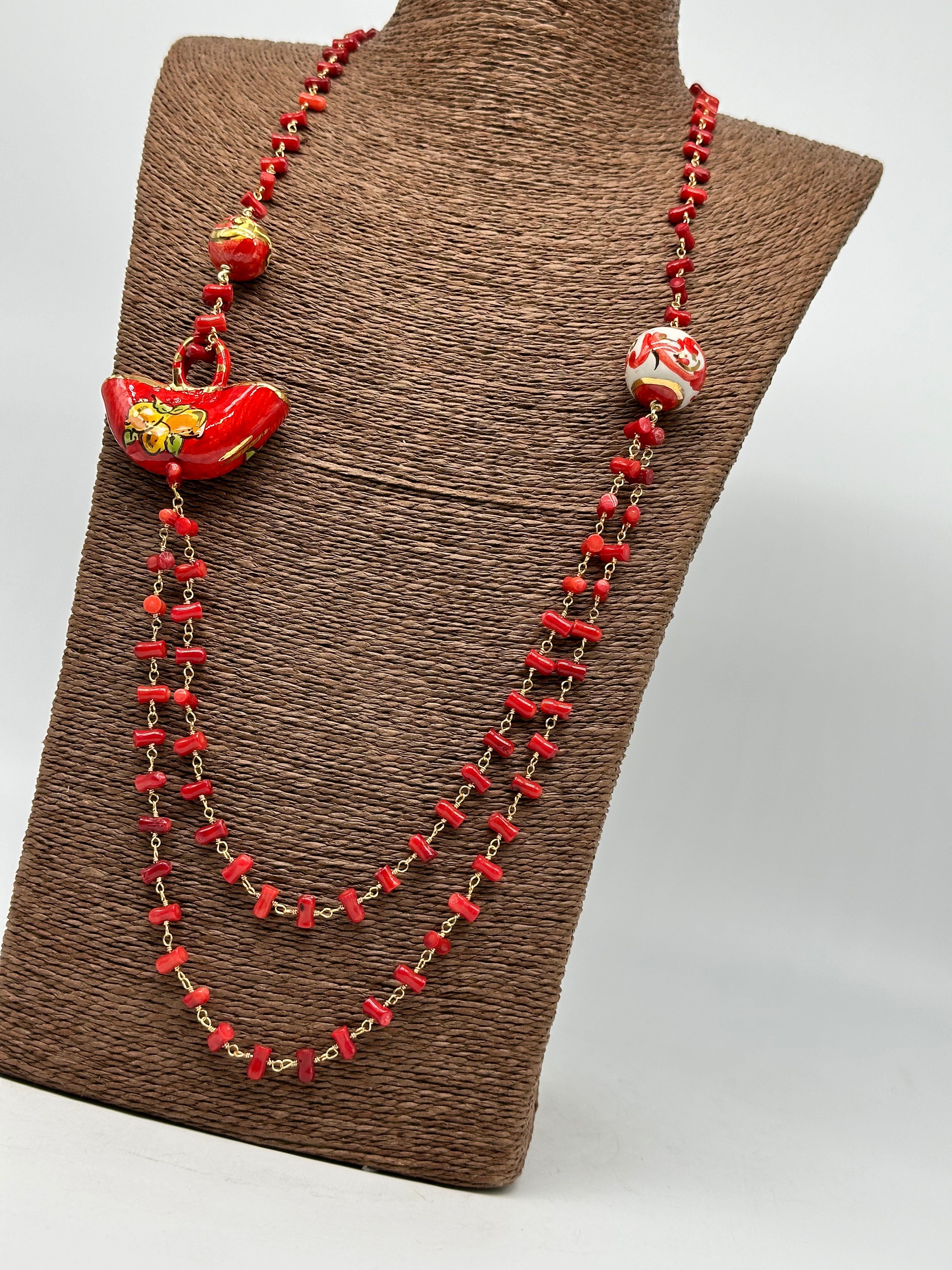 Collana Coffa Siciliana decorata Rosso Ceramica di Caltagirone - COLLANA