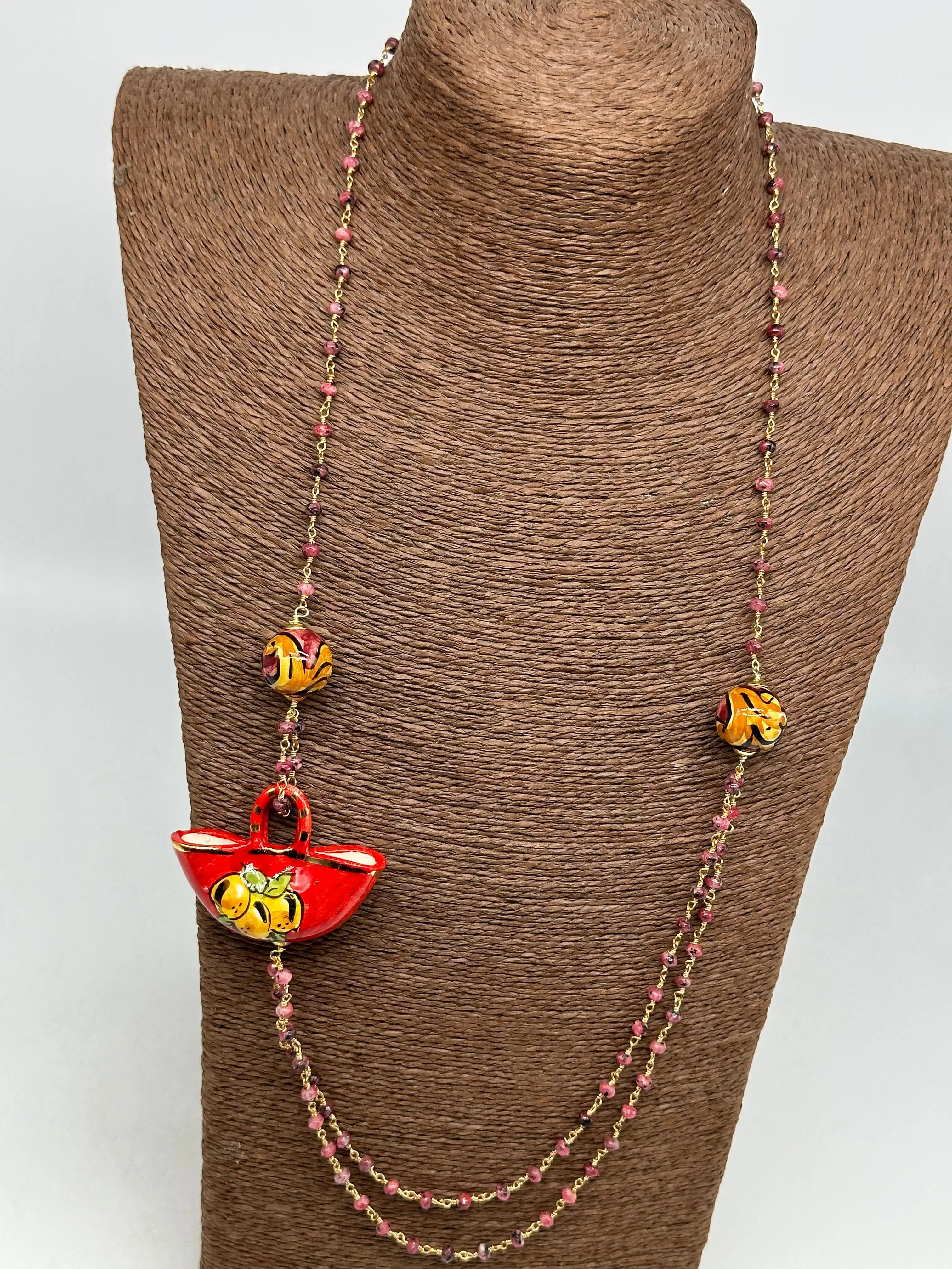 Collana Coffa Siciliana decorata Rosso Ceramica di Caltagirone DD CERAMICHE SICILIANE