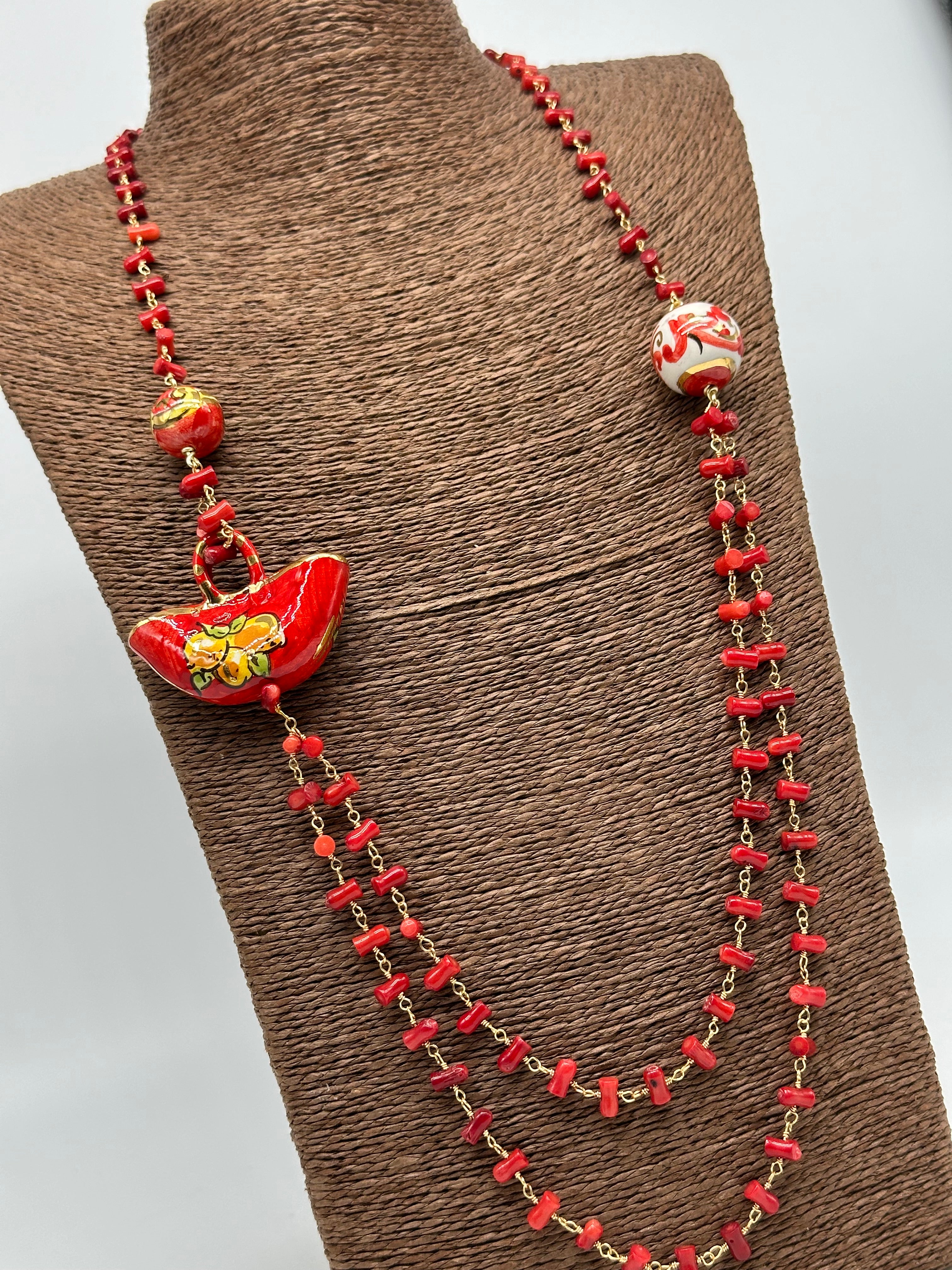 Collana Coffa Siciliana decorata Rosso Ceramica di Caltagirone - COLLANA