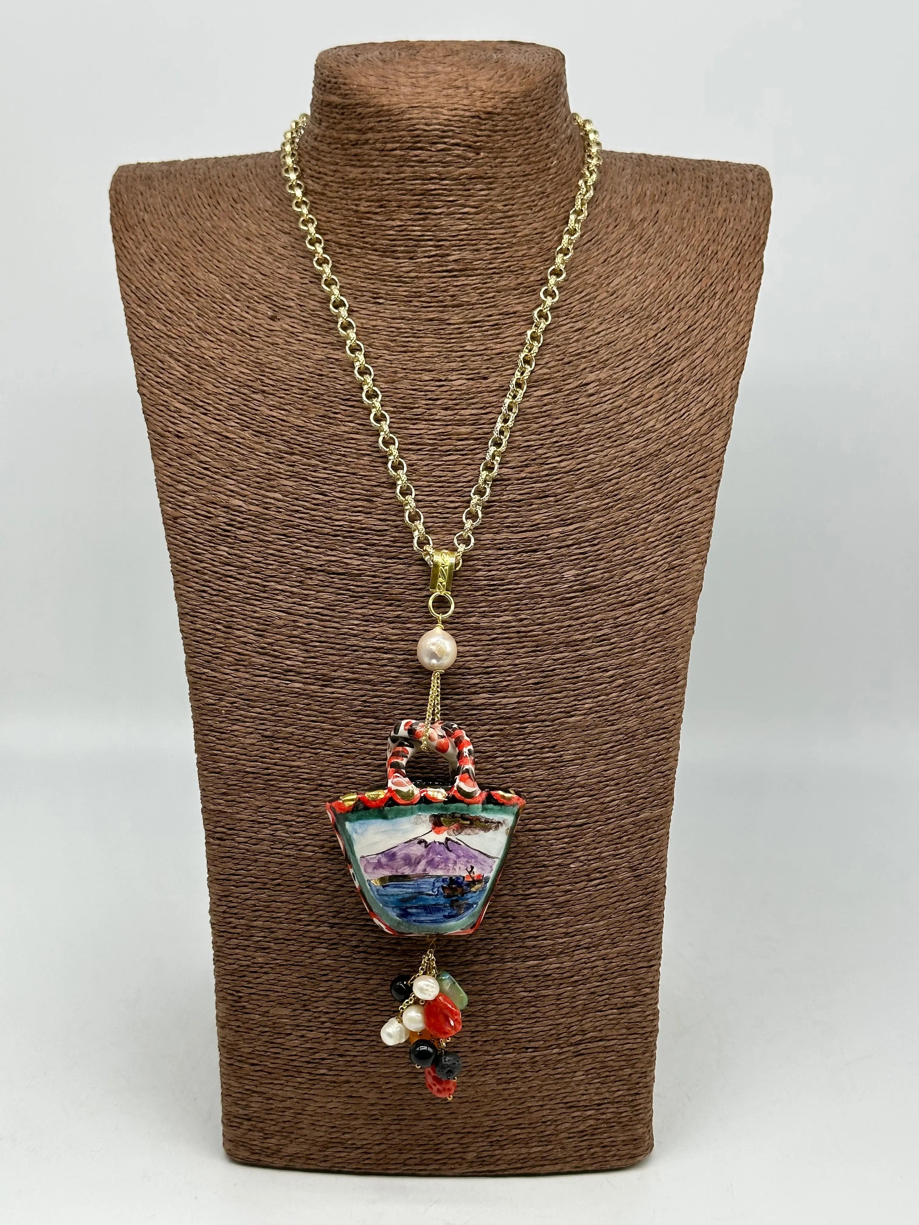 Collana Coffa Siciliana decorata Vulcano Etna Ceramica di Caltagirone DD CERAMICHE SICILIANE
