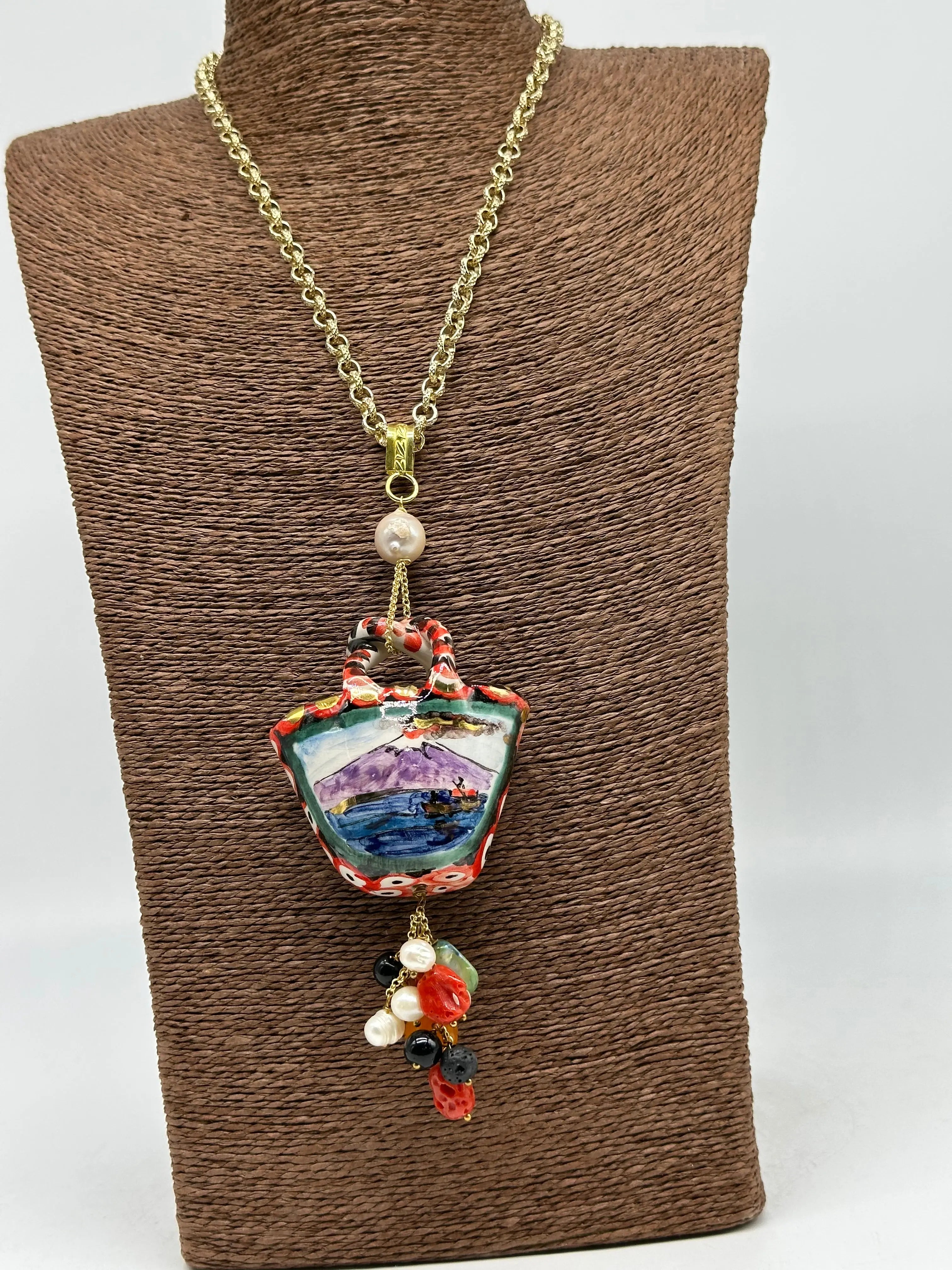 Collana Coffa Siciliana decorata Vulcano Etna Ceramica di Caltagirone DD CERAMICHE SICILIANE