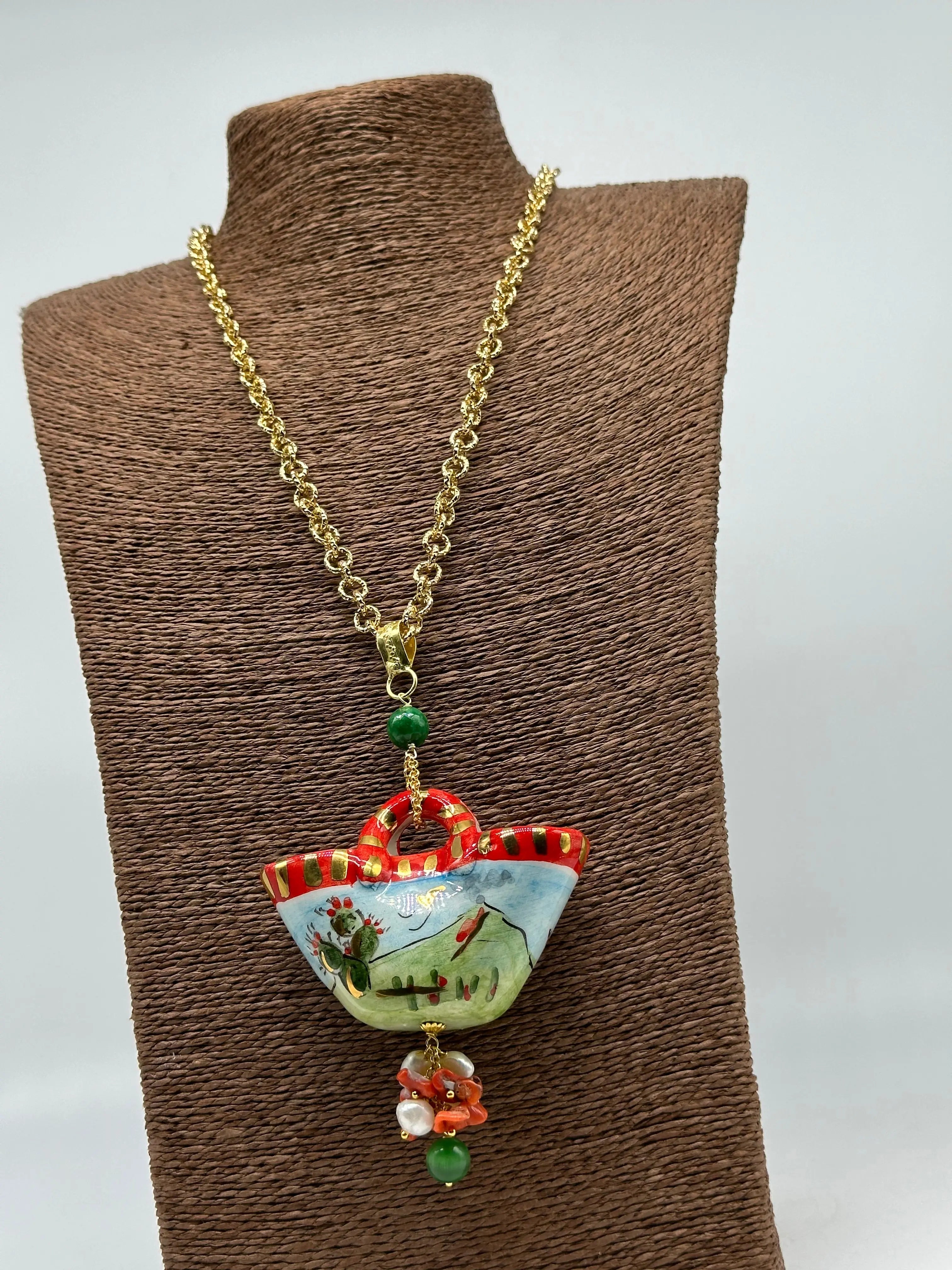 Collana Coffa Siciliana decorata Vulcano Etna Ceramica di Caltagirone V.2 DD CERAMICHE SICILIANE