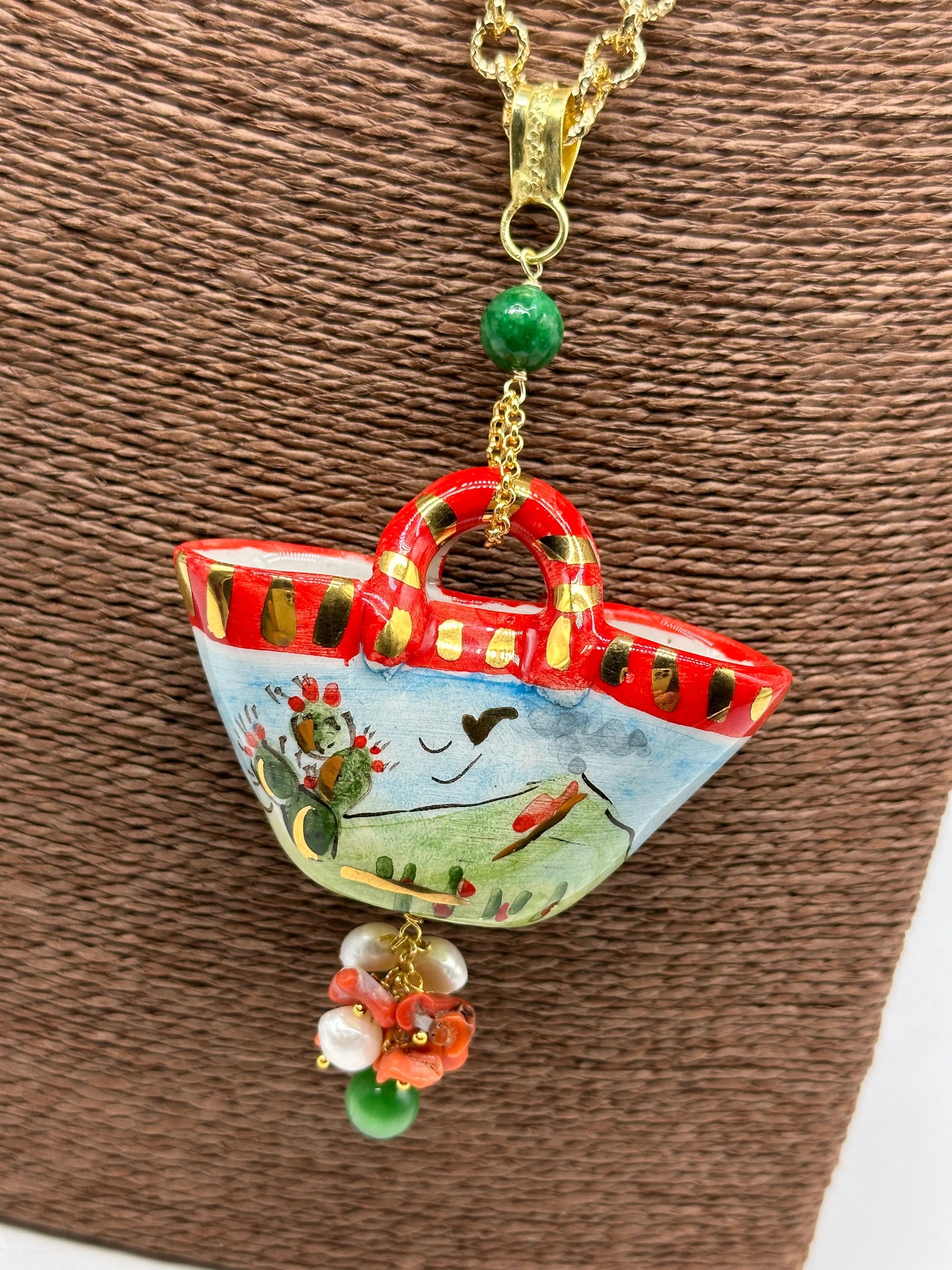 Collana Coffa Siciliana decorata Vulcano Etna Ceramica di Caltagirone V.2 DD CERAMICHE SICILIANE