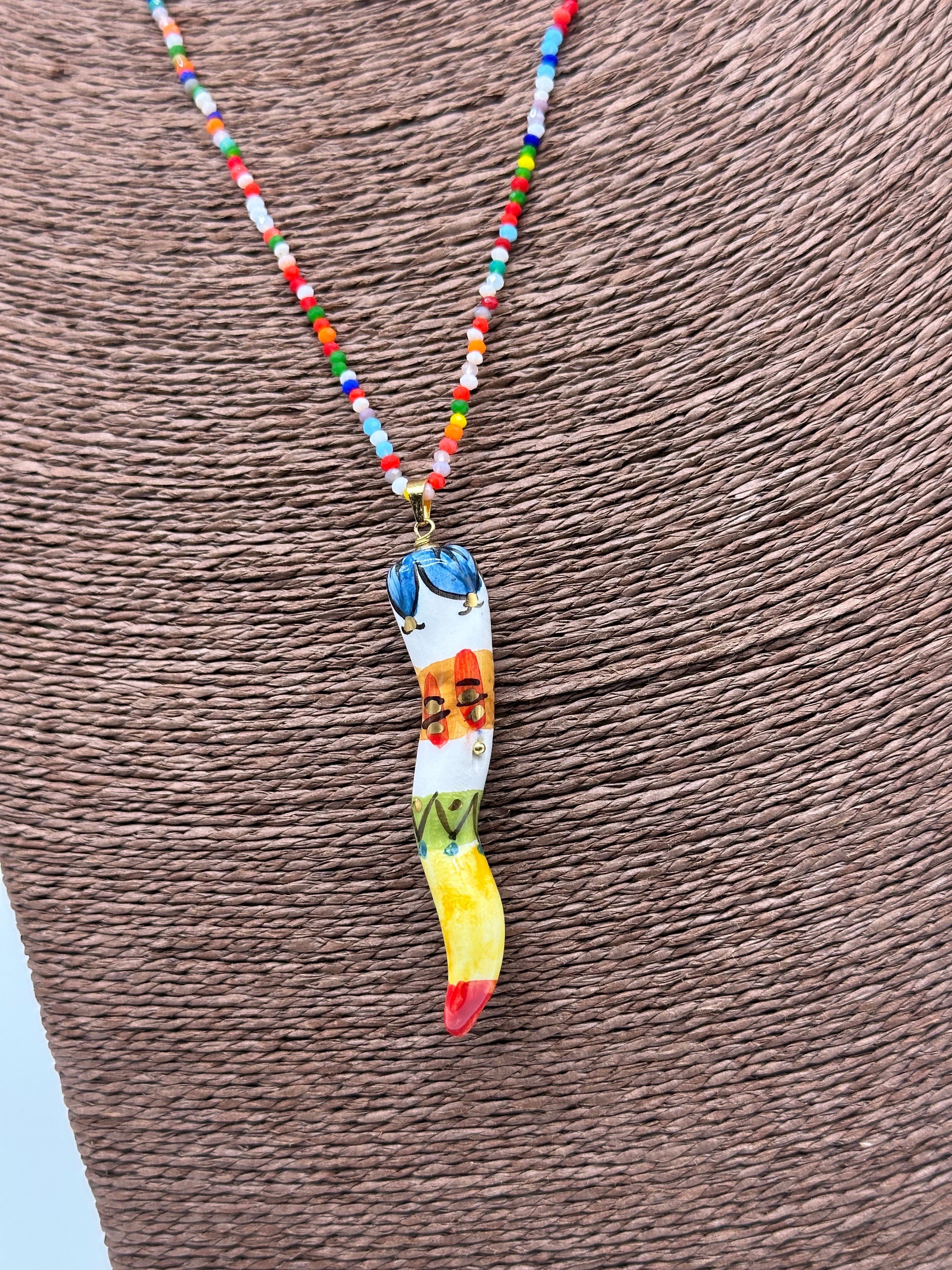 Collana Corno Portafotuna Ceramica Caltagirone catena perle multicolor V.4 - COLLANA