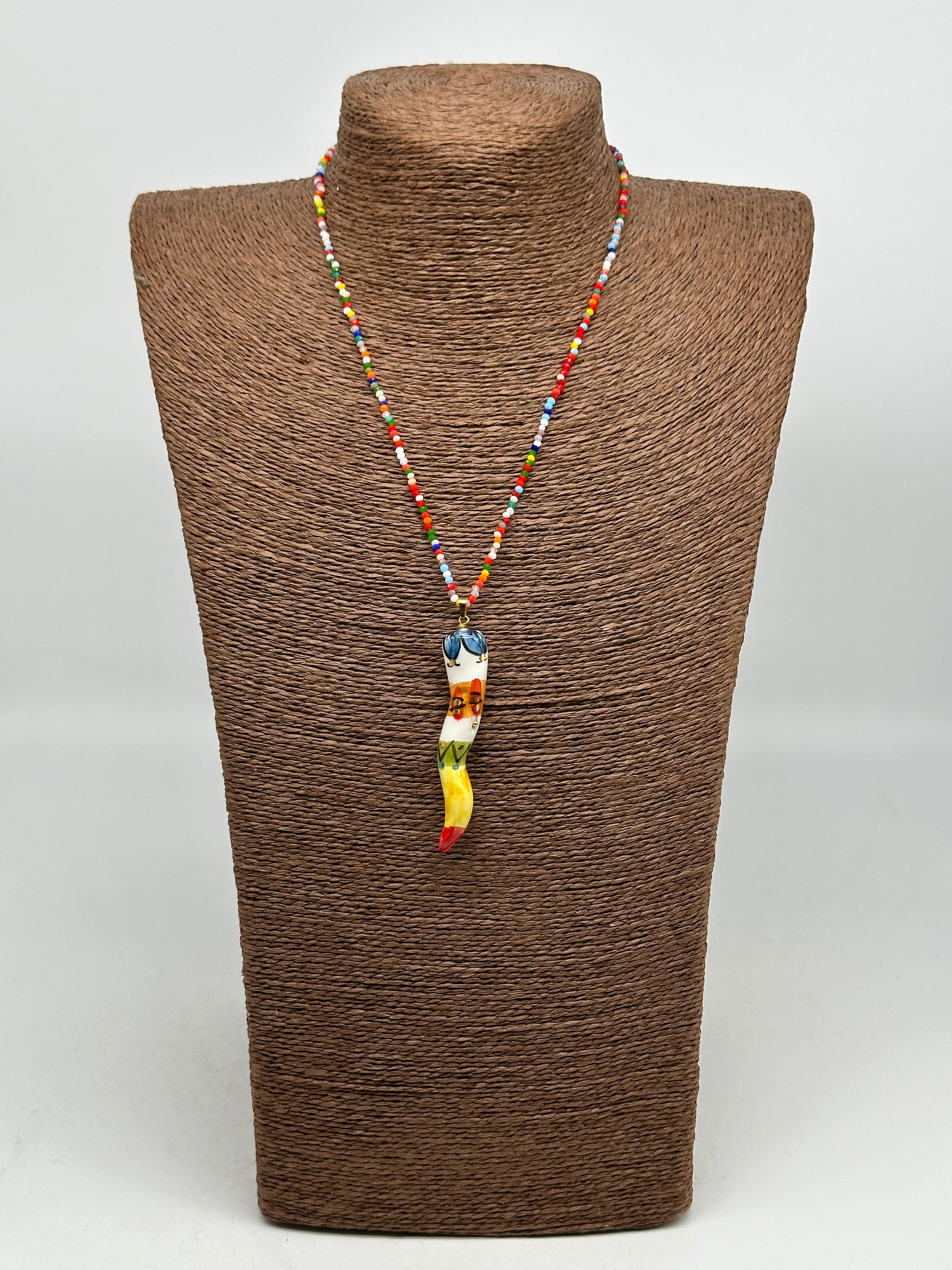Collana Corno Portafotuna Ceramica Caltagirone catena perle multicolor V.4 - COLLANA