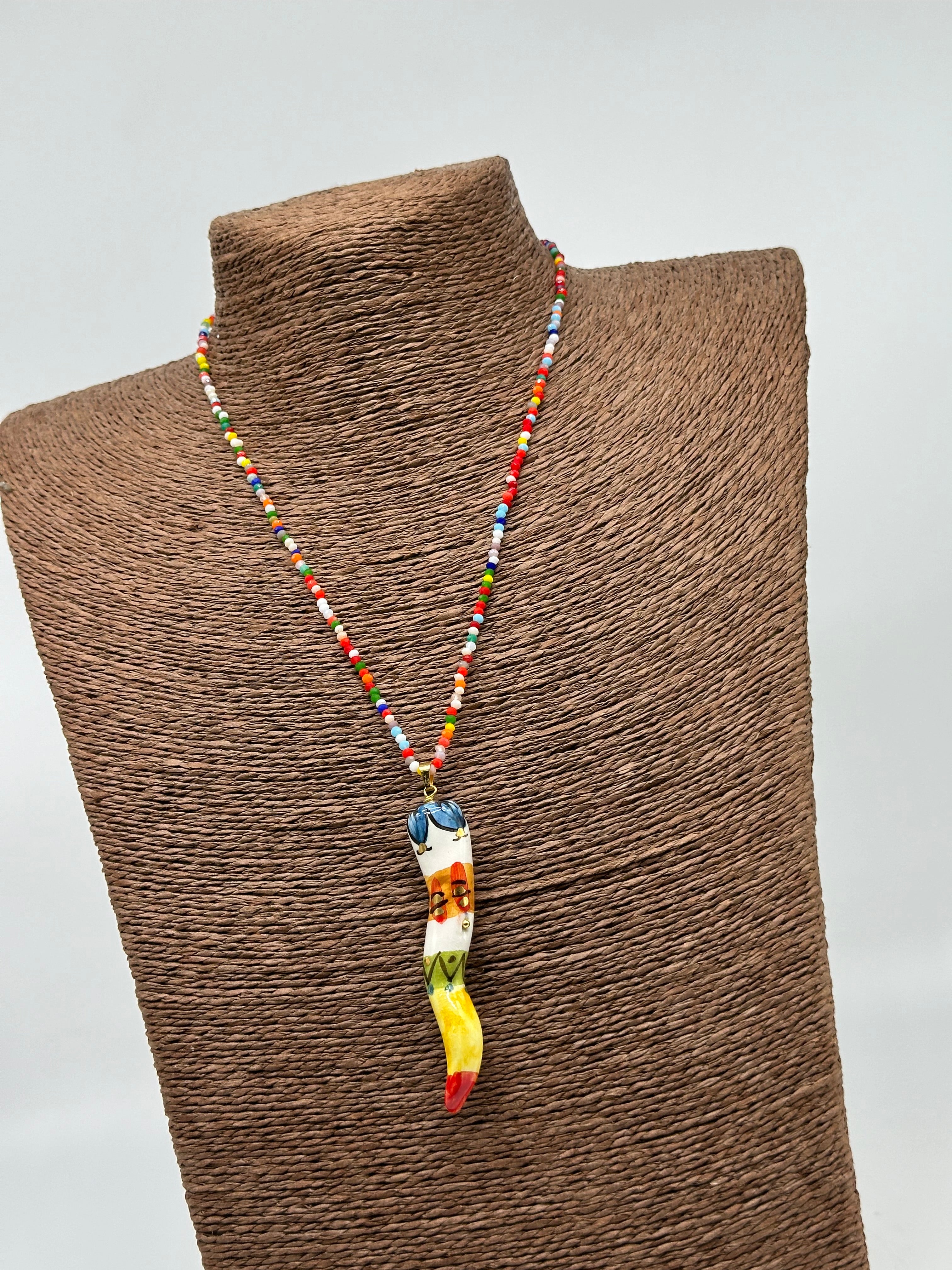 Collana Corno Portafotuna Ceramica Caltagirone catena perle multicolor V.4 - COLLANA