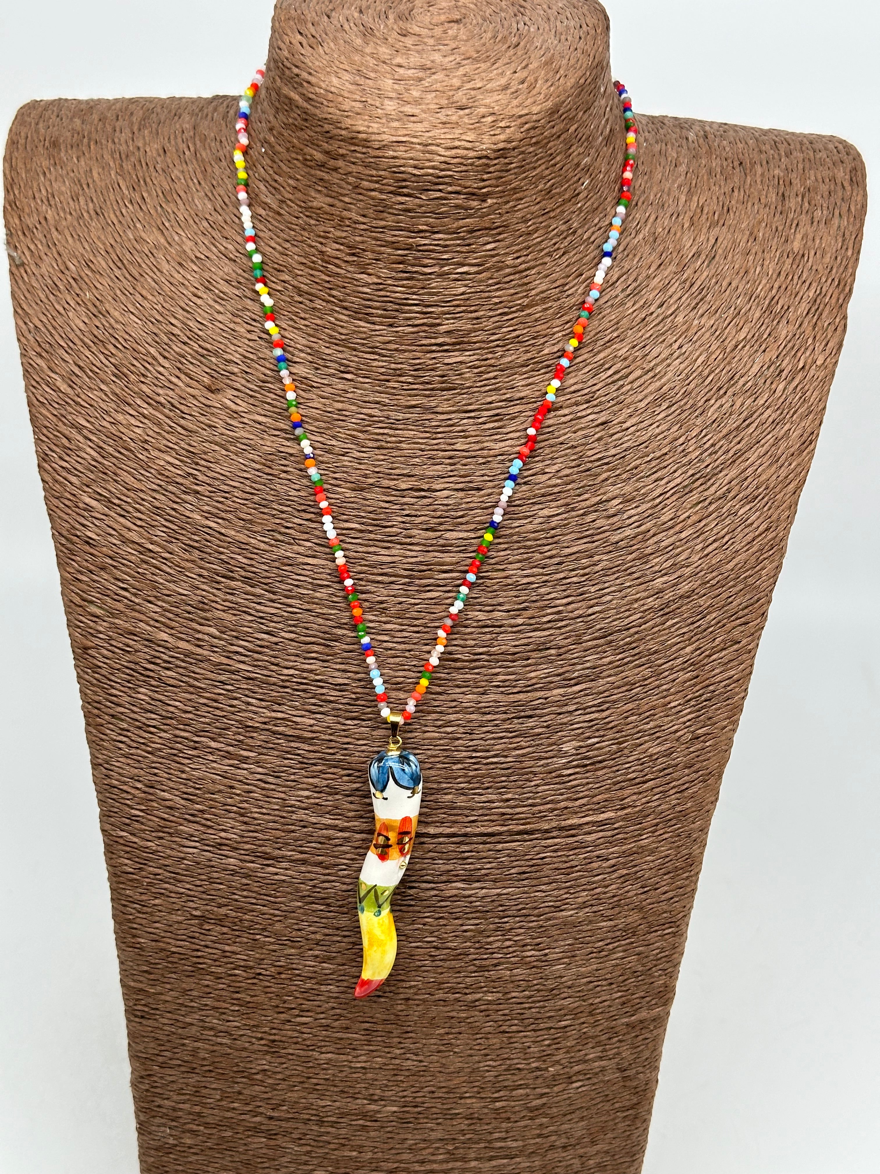 Collana Corno Portafotuna Ceramica Caltagirone catena perle multicolor V.4 - COLLANA
