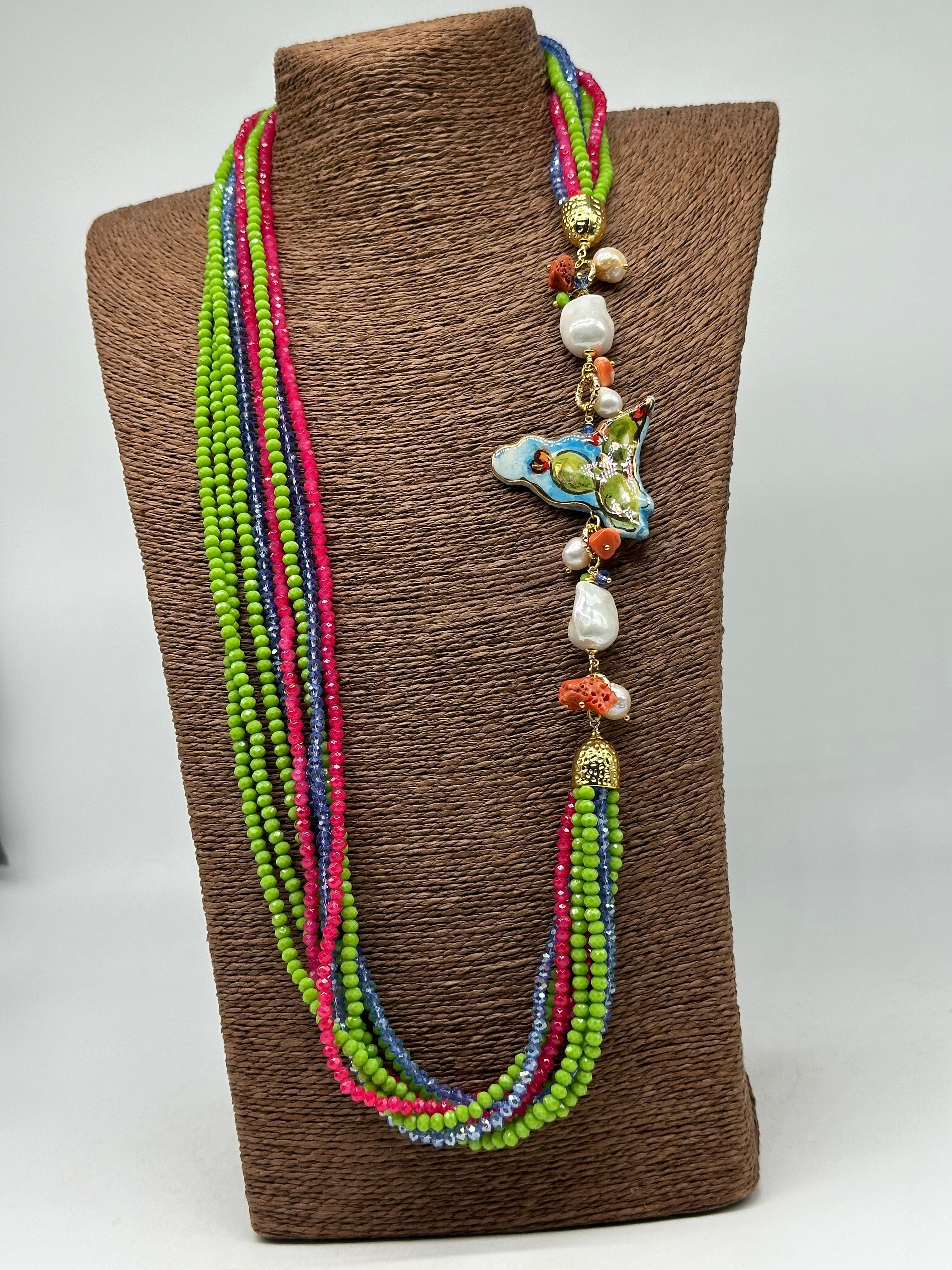 Collana Multifilo di Pietre colorate ciondolo Sicilia perle e pietre V.2 - BIJOUX