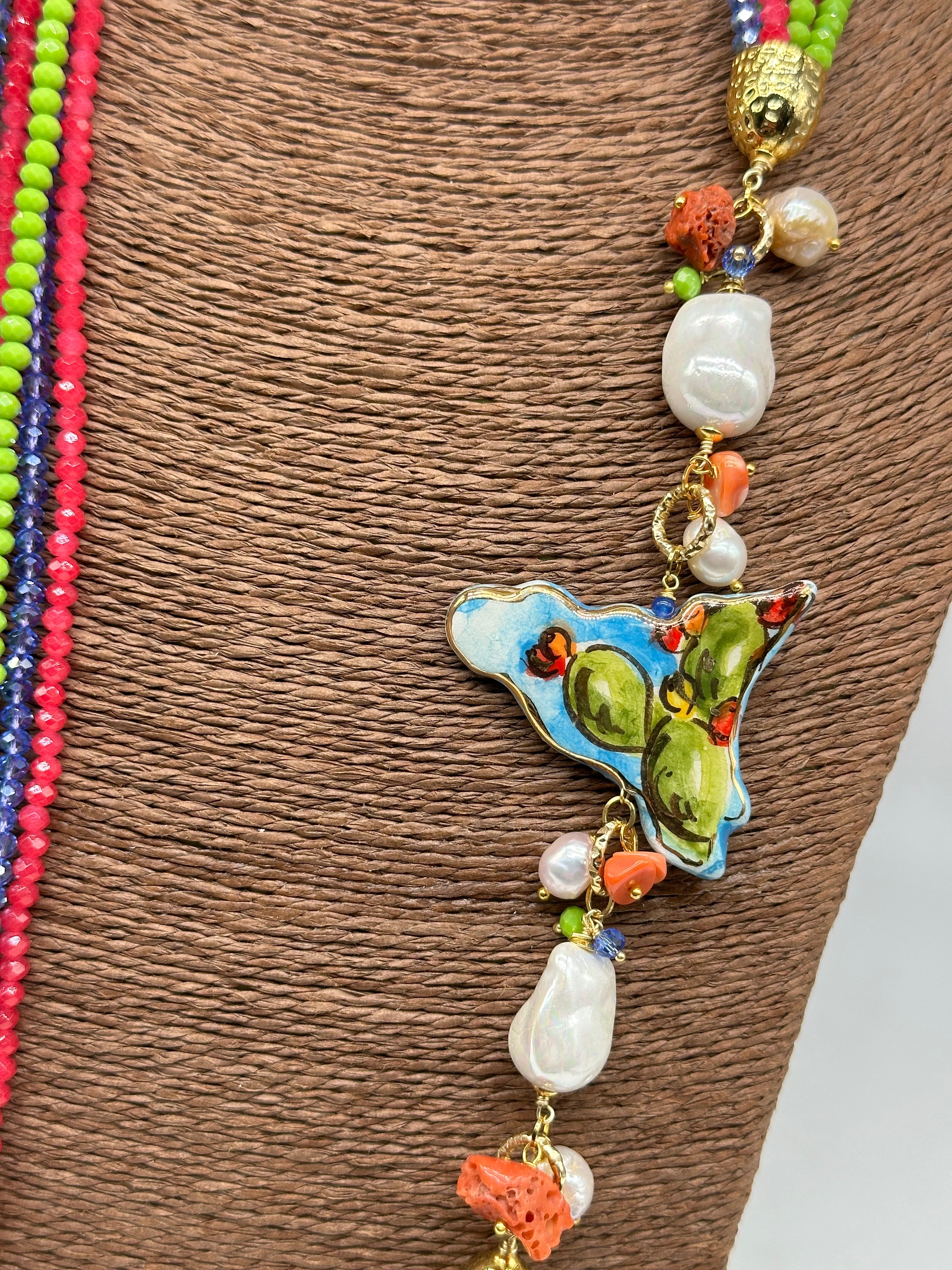 Collana Multifilo di Pietre colorate ciondolo Sicilia perle e pietre V.2 - BIJOUX