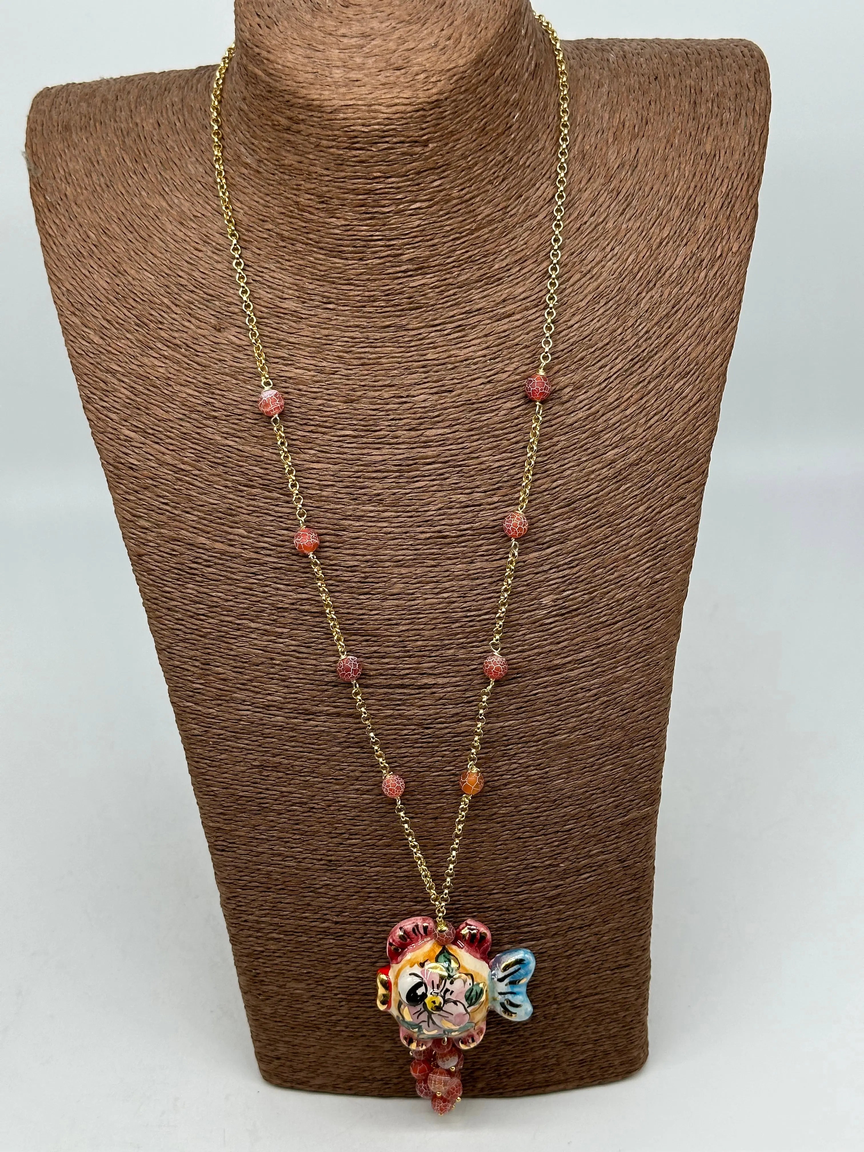 Collana Pesce in Ceramica di Caltagirone, pietre, catena dorata V.1 DD CERAMICHE SICILIANE