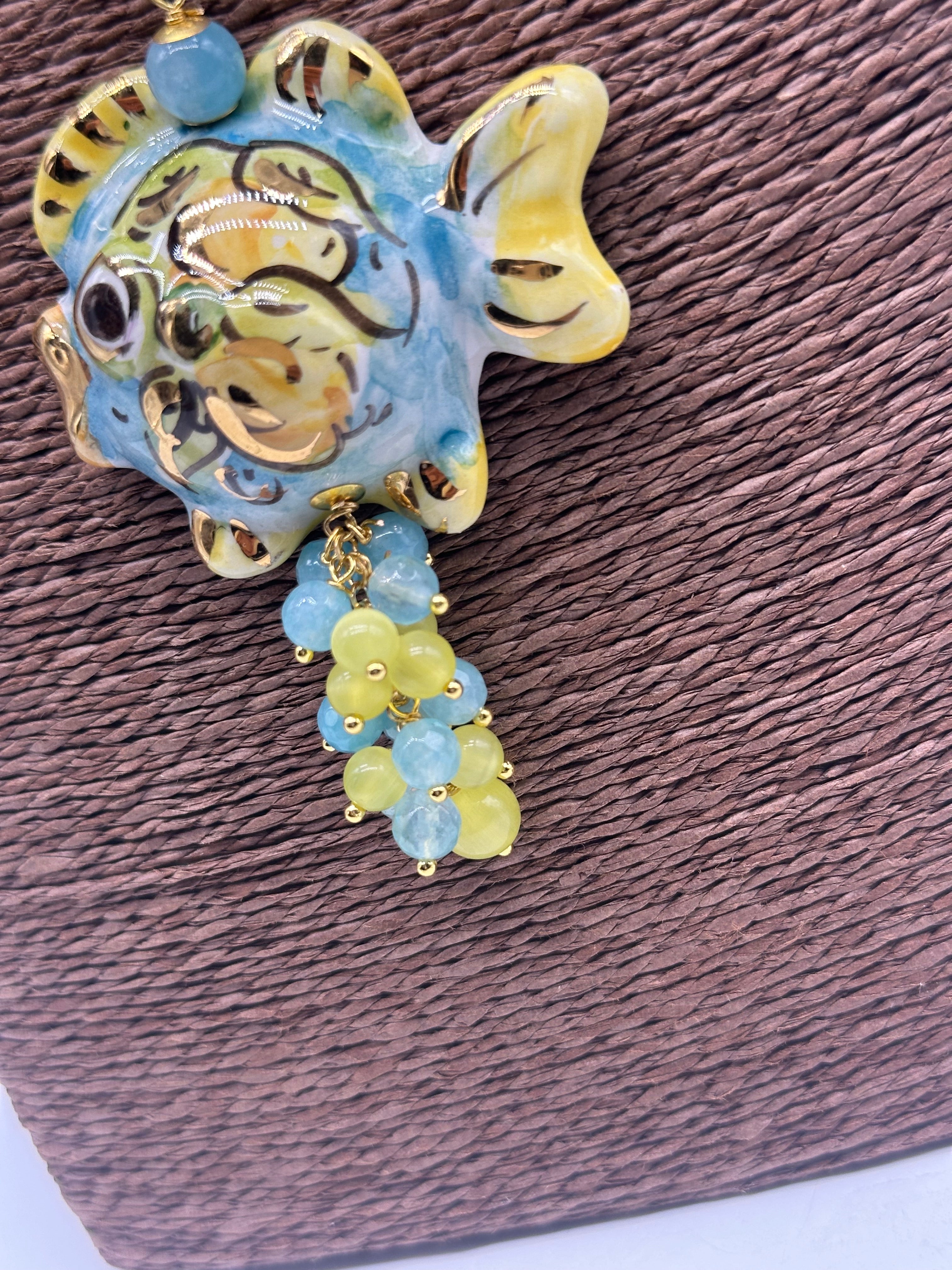 Collana Pesce in Ceramica di Caltagirone pietre catena dorata V.4 - COLLANA