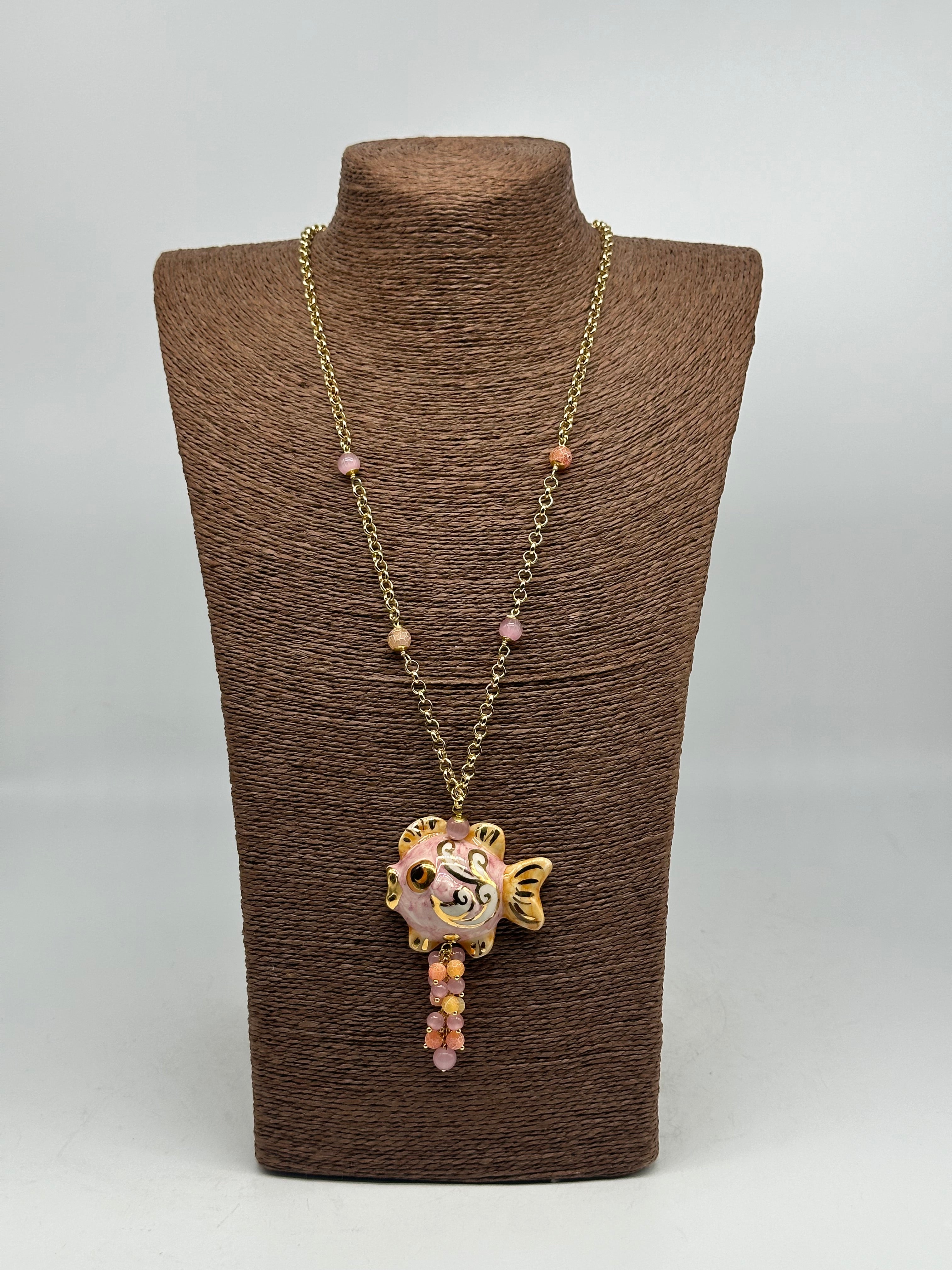 Collana Pesce in Ceramica di Caltagirone pietre catena dorata V.6 - COLLANA