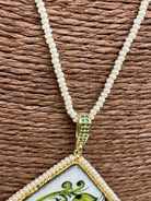 Collana Piastrella Ceramica Caltagirone Decoro Barocco Verde catena perline bianche - COLLANA