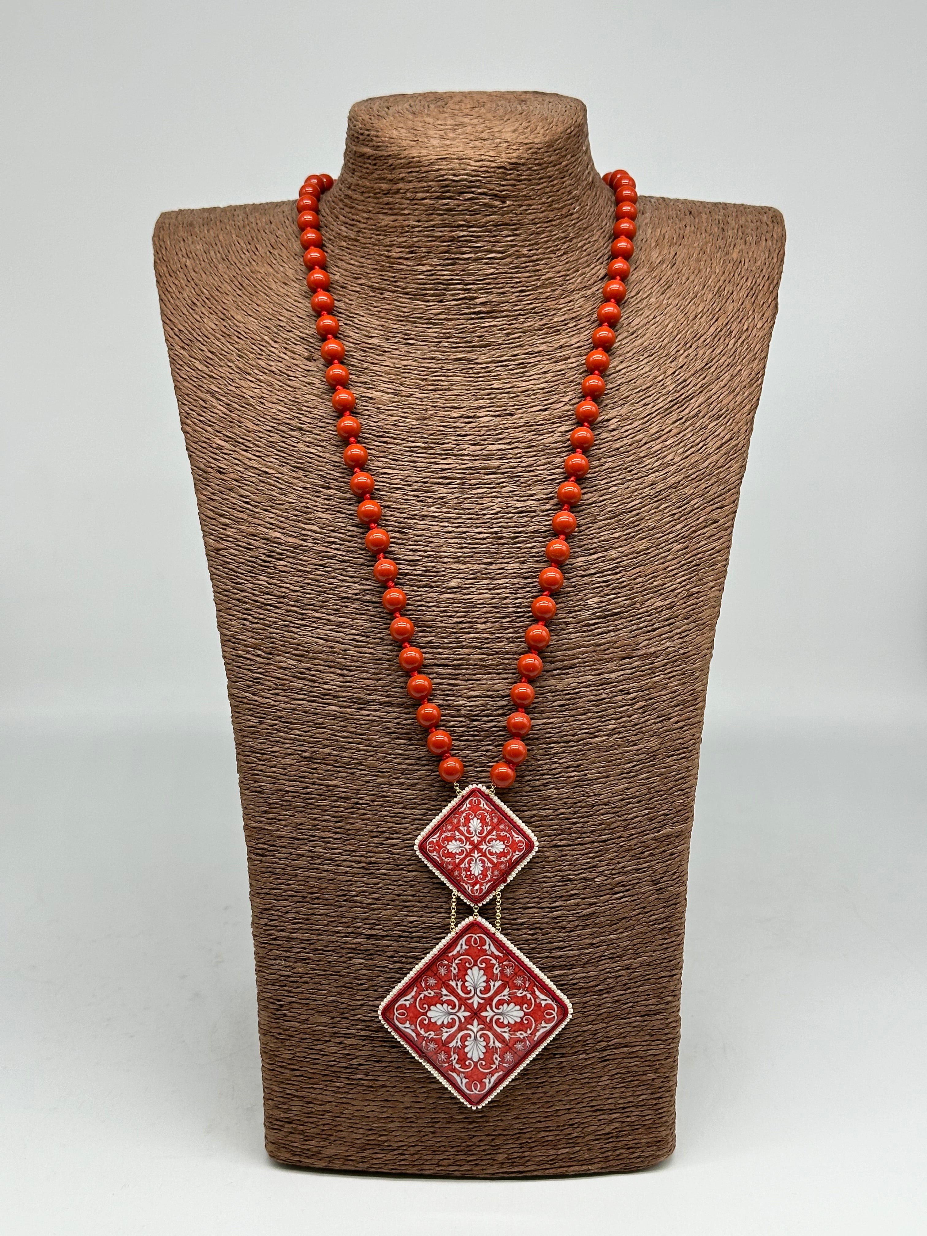 Collana Piastrelle Ceramica di Caltagirone catena con pietre rosse - COLLANA