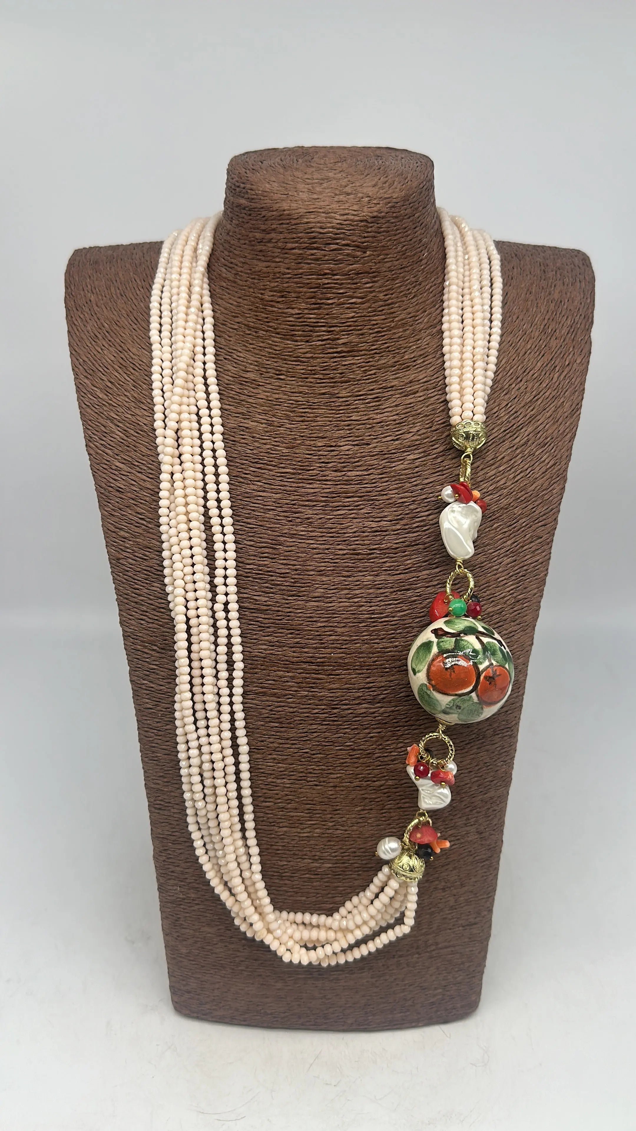 Collana Pietre Rosa Sfera Decorata Ceramica di Caltagirone e Perle DD CERAMICHE SICILIANE