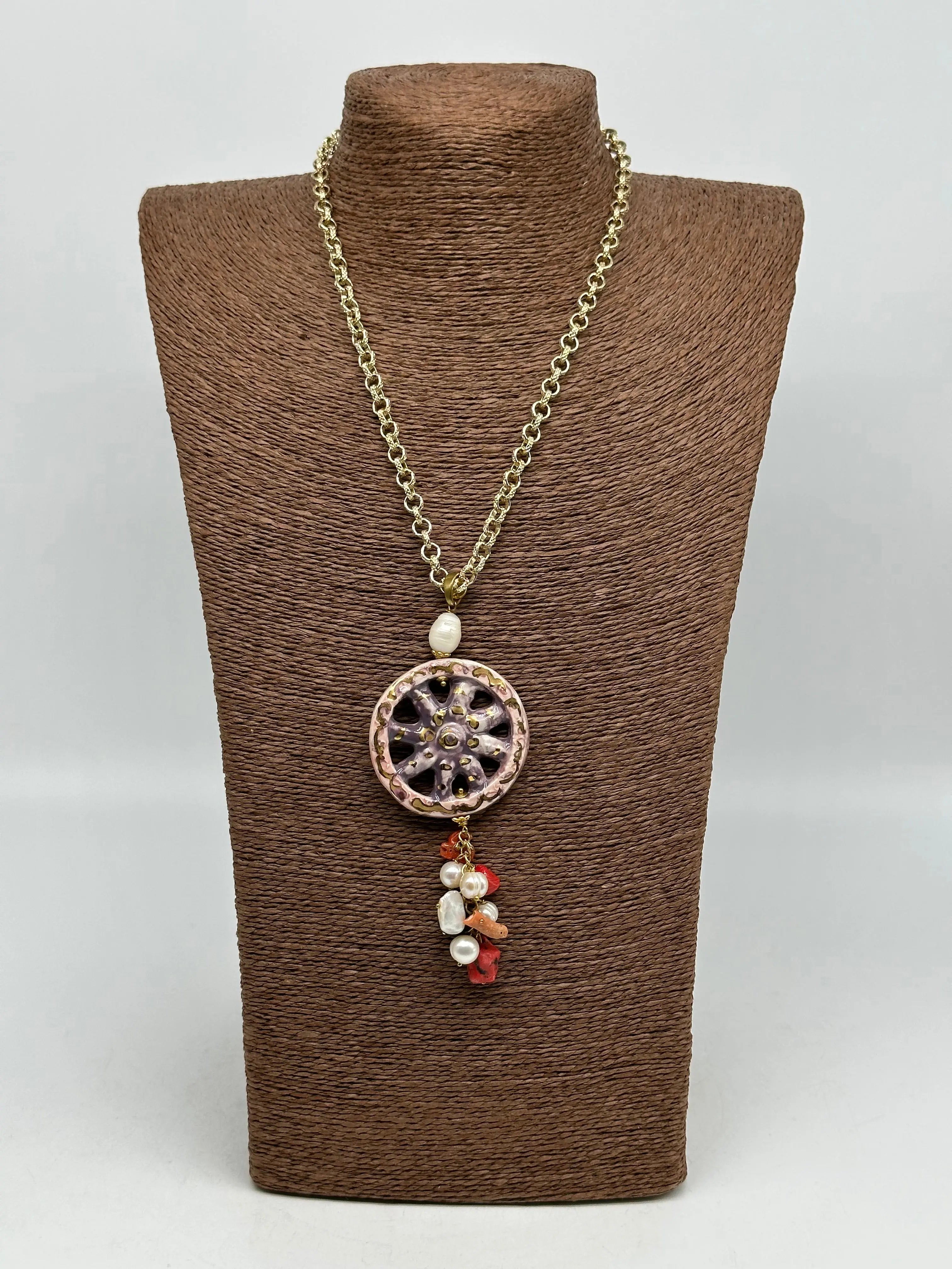 Collana Ruota Carretto decorata Rosa Ceramica di Caltagirone DD CERAMICHE SICILIANE