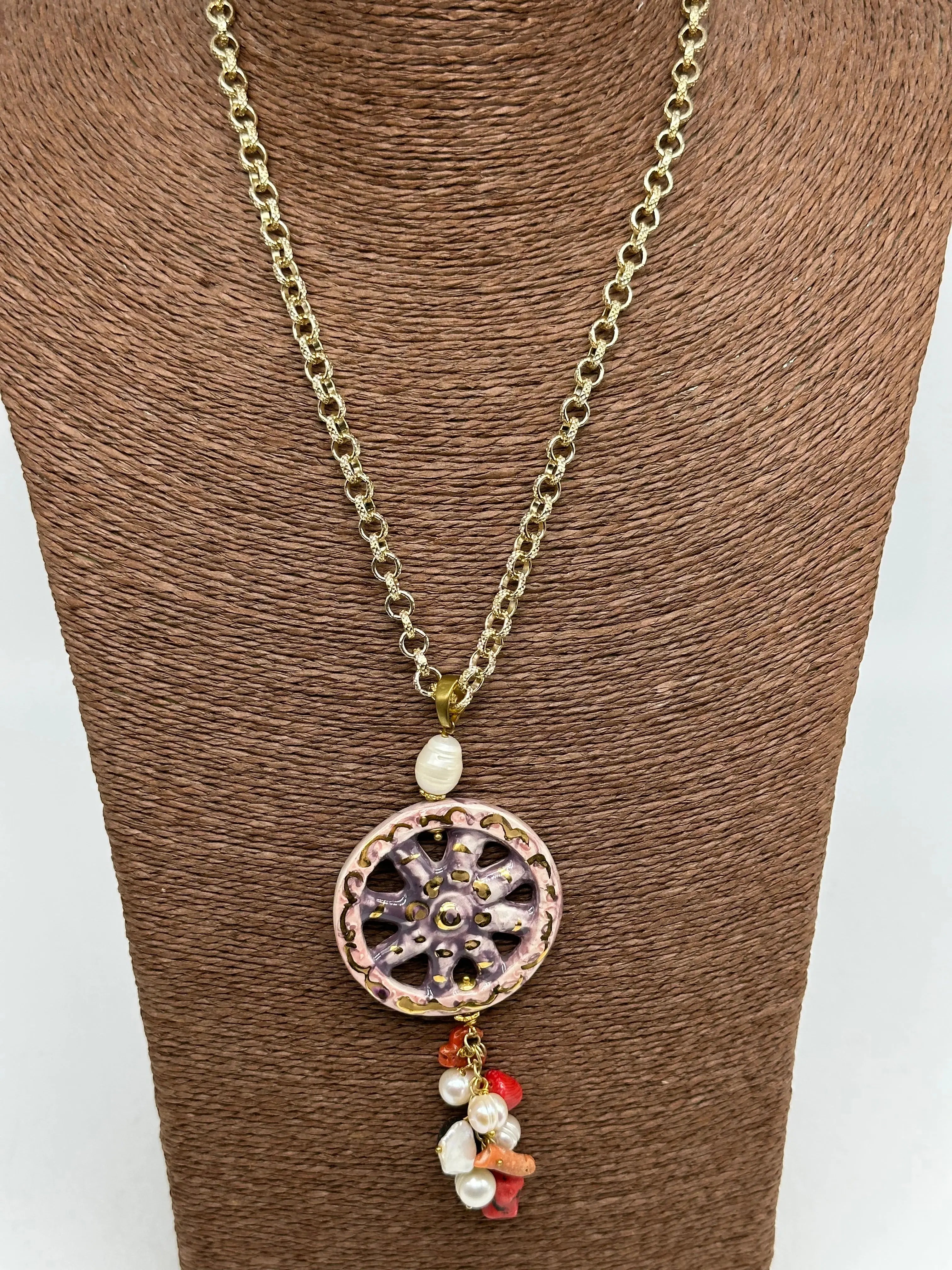 Collana Ruota Carretto decorata Rosa Ceramica di Caltagirone DD CERAMICHE SICILIANE