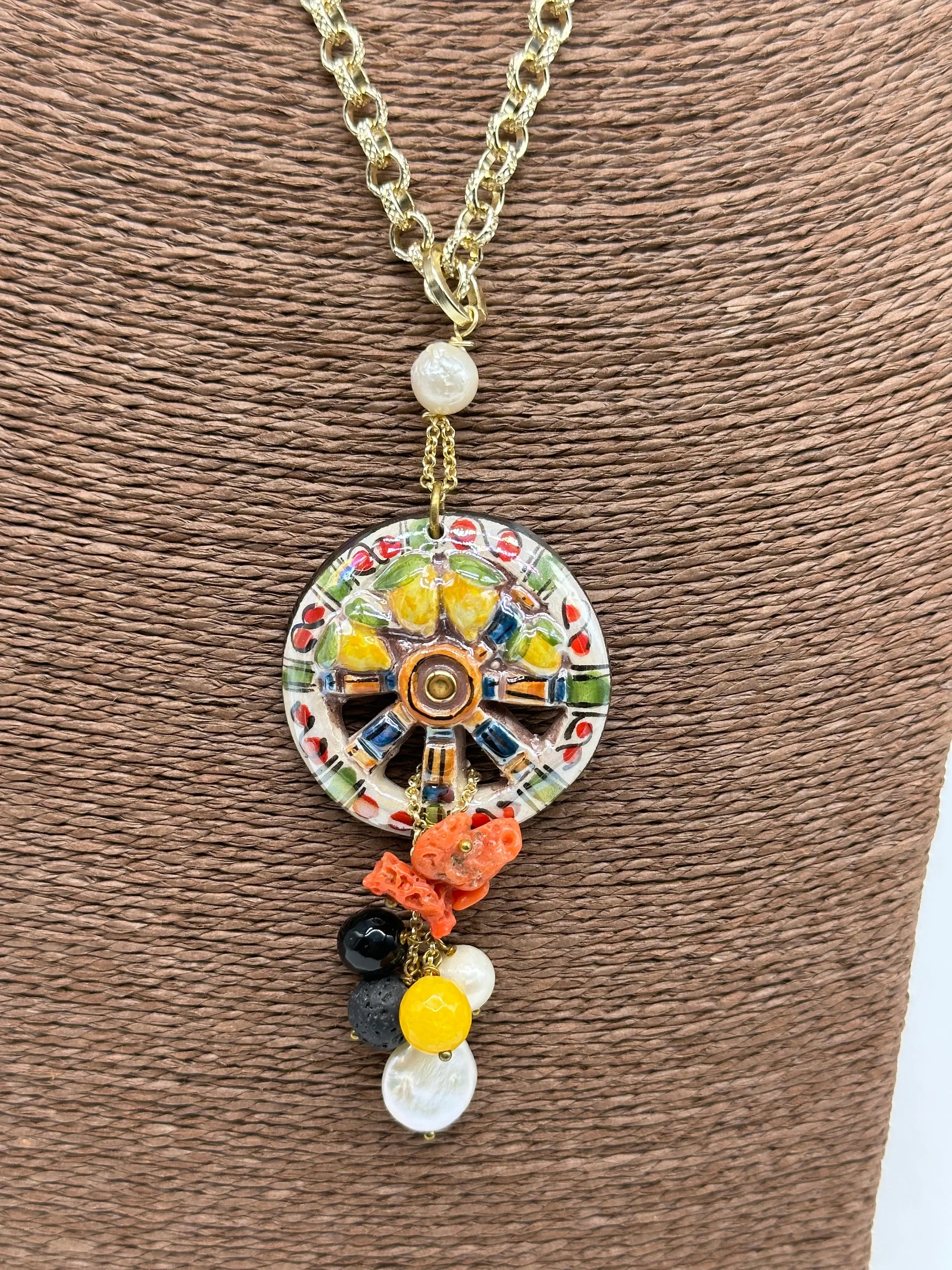 Collana Ruota Carretto e Limoni decorata Ceramica di Caltagirone DD CERAMICHE SICILIANE