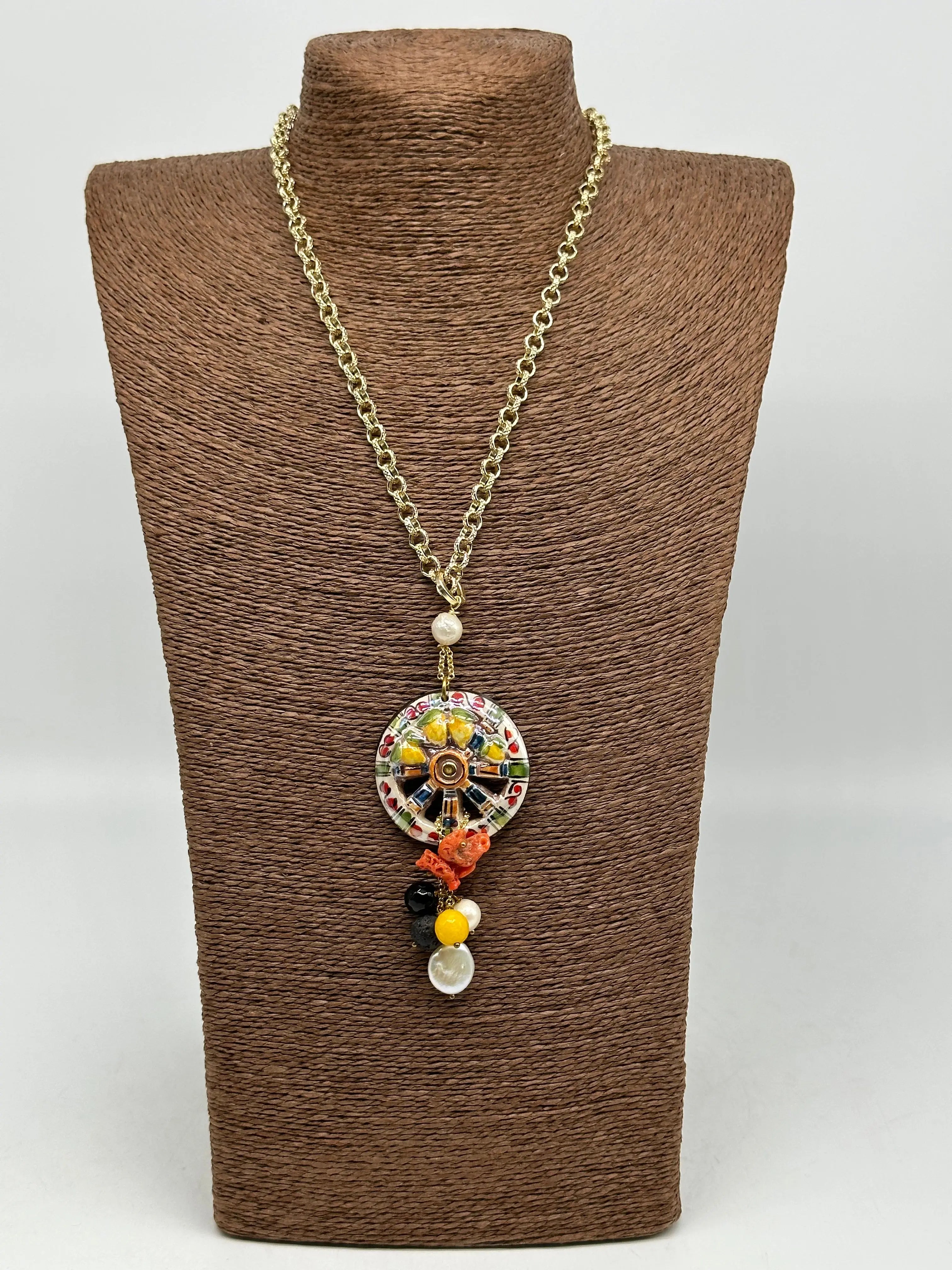 Collana Ruota Carretto e Limoni decorata Ceramica di Caltagirone DD CERAMICHE SICILIANE