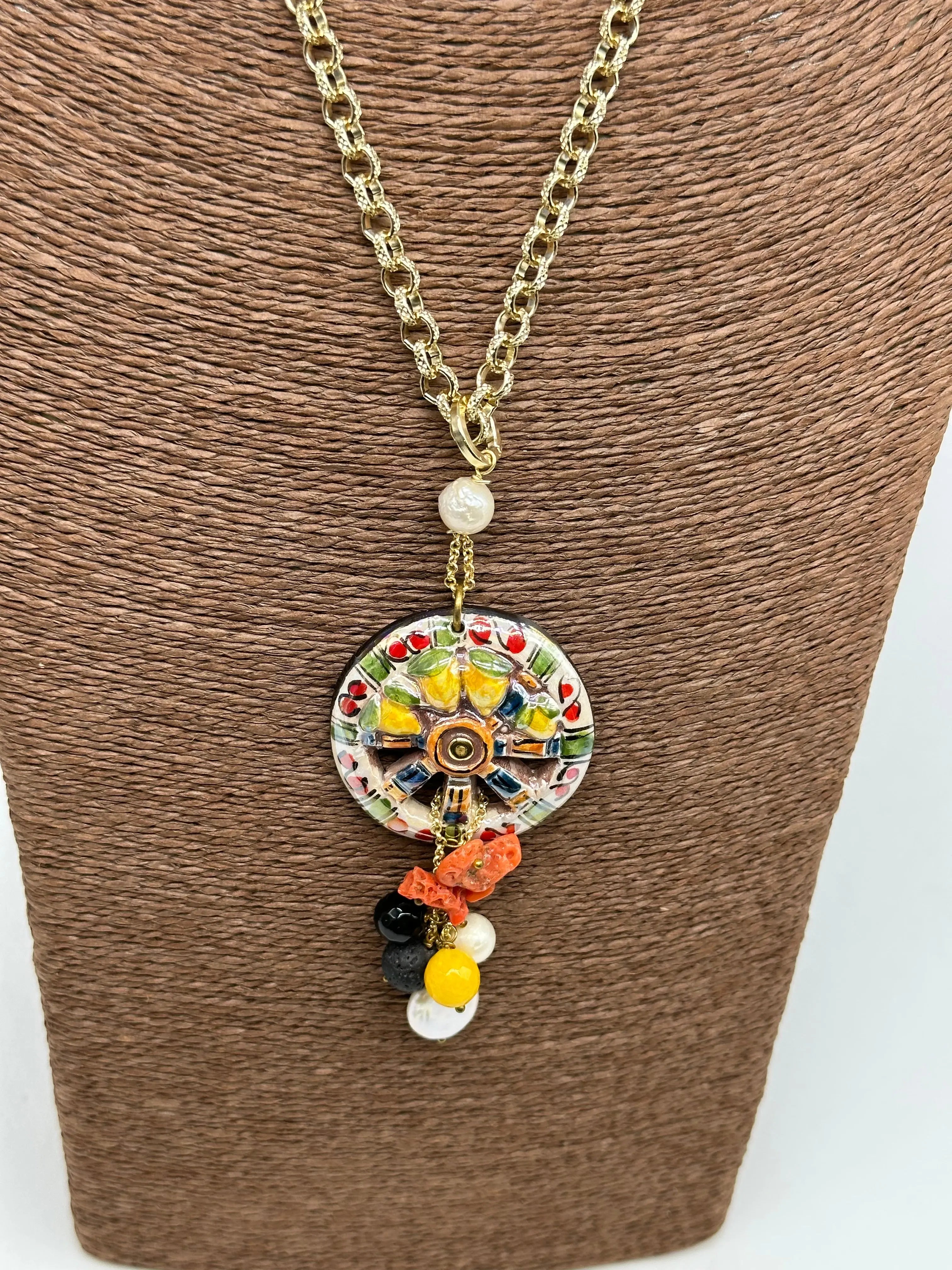 Collana Ruota Carretto e Limoni decorata Ceramica di Caltagirone DD CERAMICHE SICILIANE