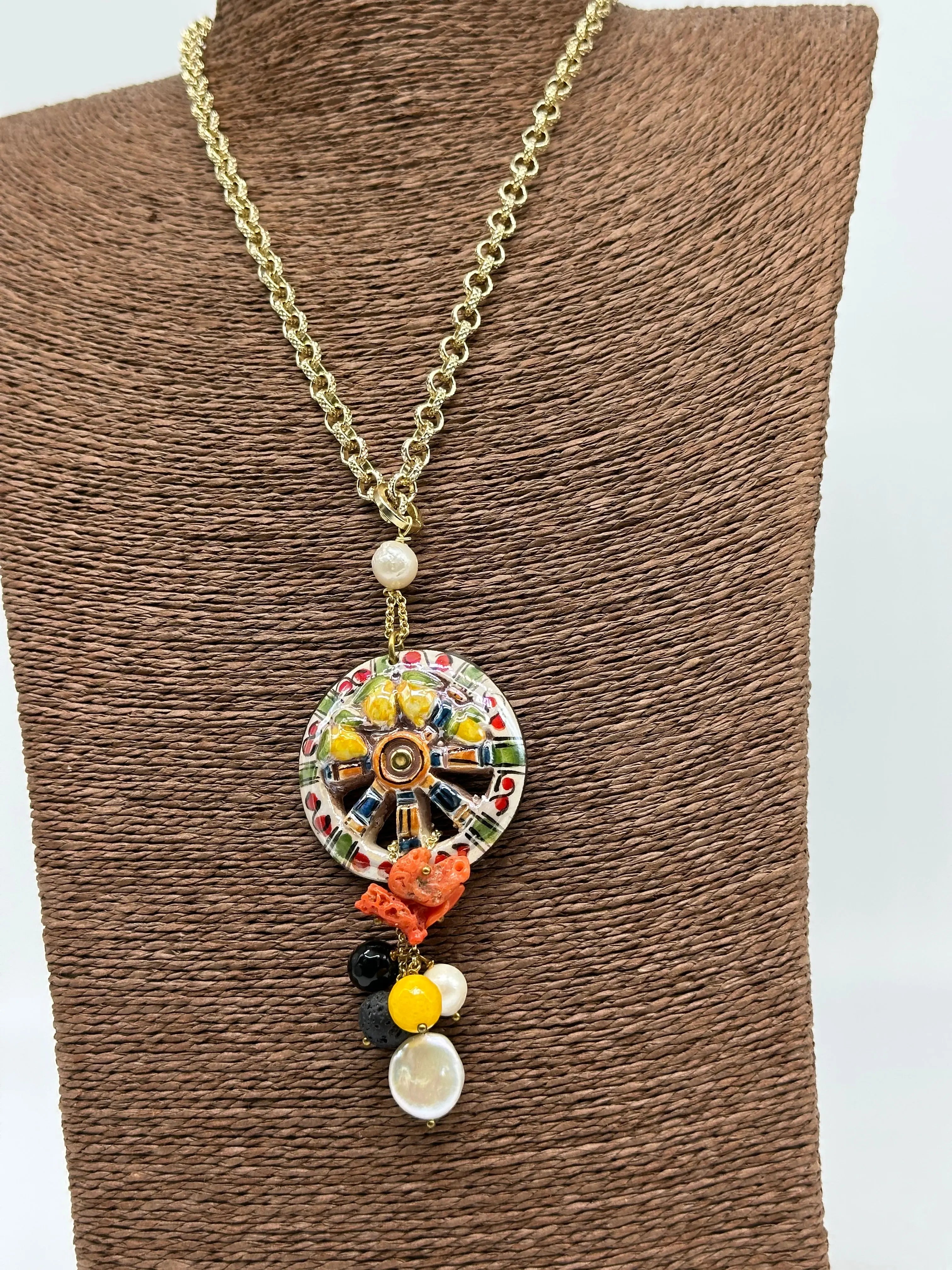 Collana Ruota Carretto e Limoni decorata Ceramica di Caltagirone DD CERAMICHE SICILIANE