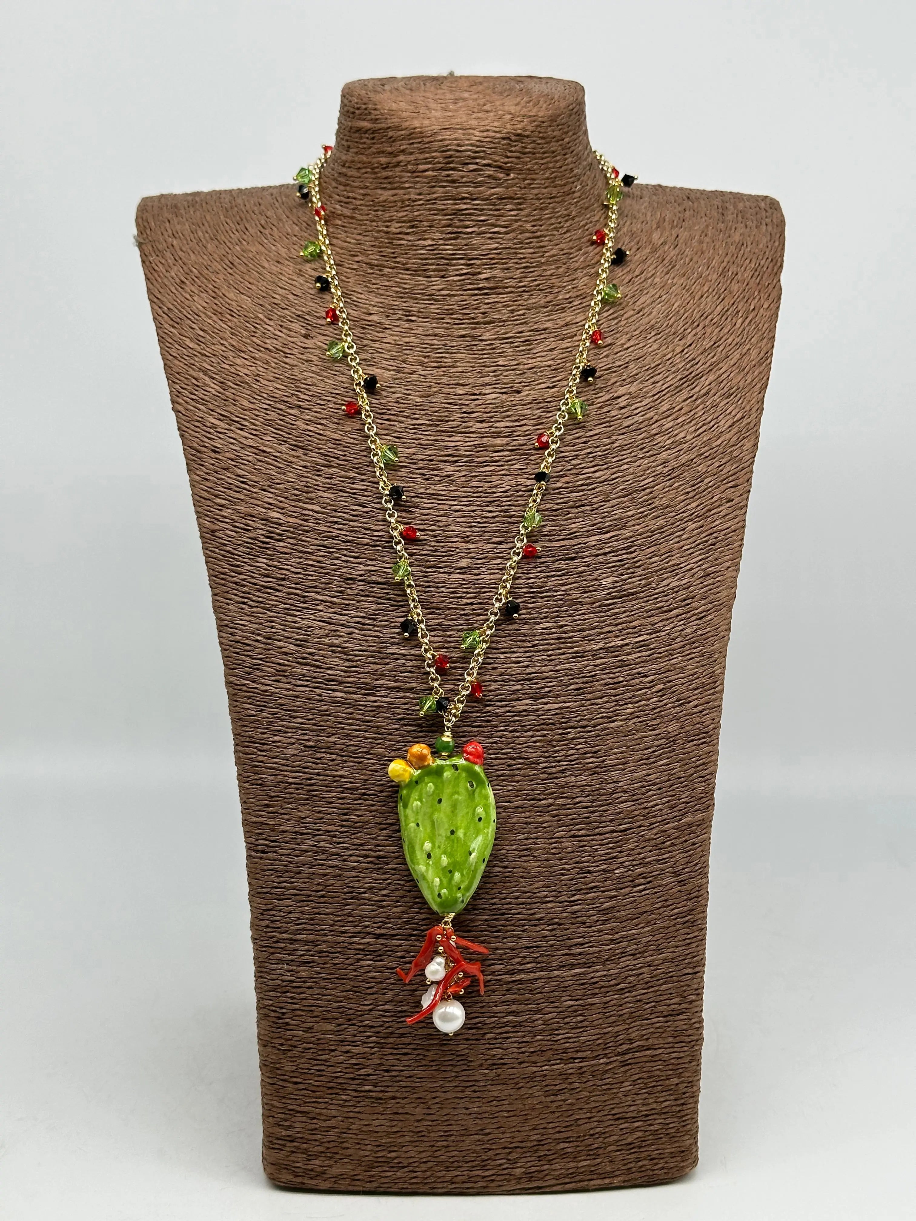 Collana Siciliana Fico d'India in Ceramica di Caltagirone, pietre, corallo, catena dorata V.2 DD CERAMICHE SICILIANE