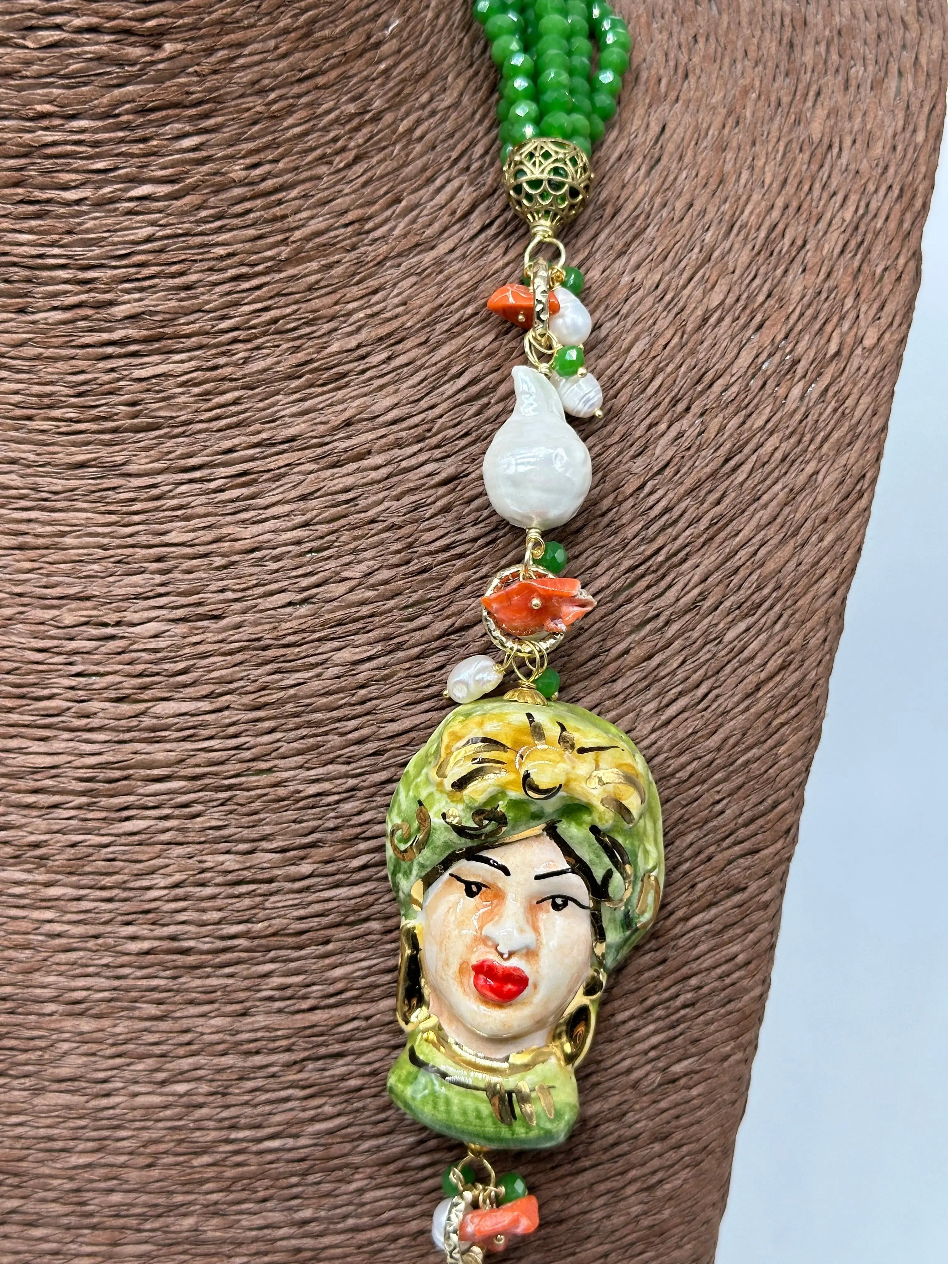 Collana Siciliana Testa di Moro Ceramica di Caltagirone Pietre Verde DD CERAMICHE SICILIANE