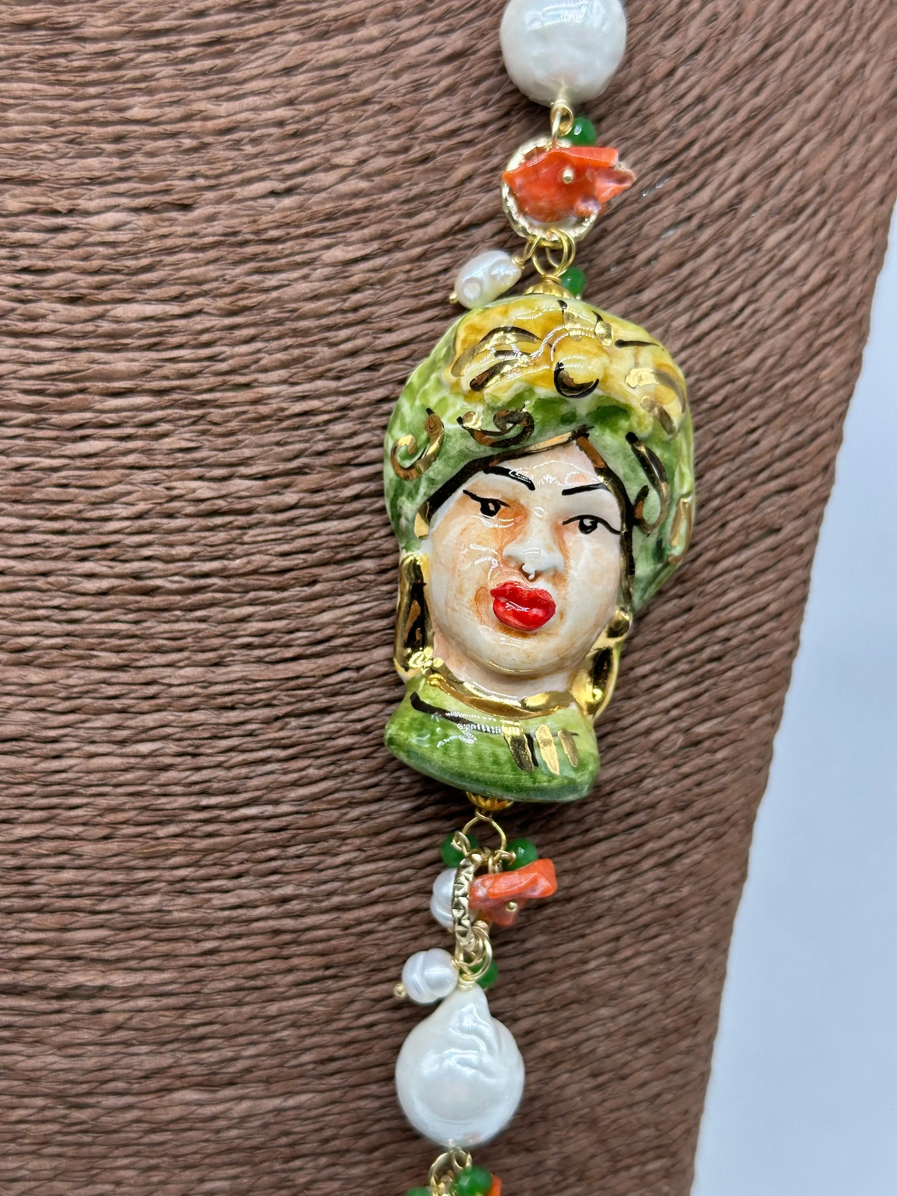 Collana Siciliana Testa di Moro Ceramica di Caltagirone Pietre Verde DD CERAMICHE SICILIANE