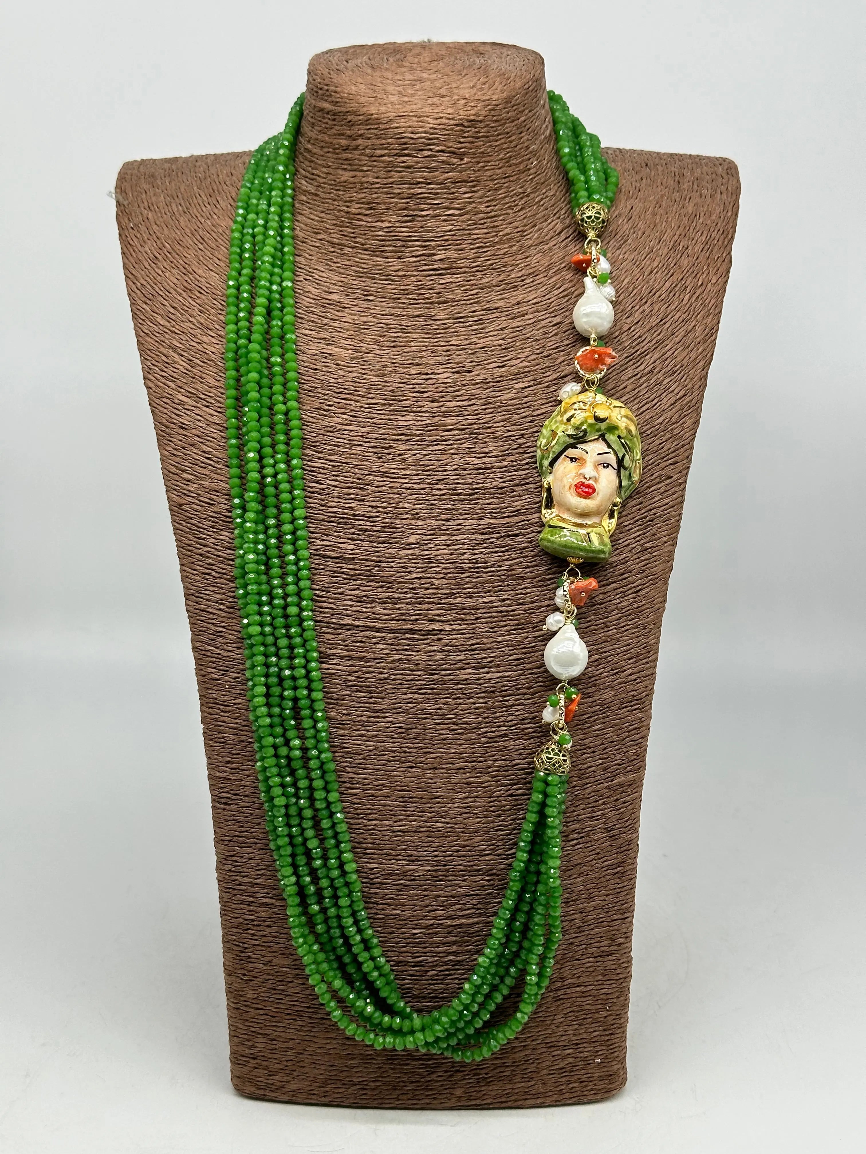 Collana Siciliana Testa di Moro Ceramica di Caltagirone Pietre Verde DD CERAMICHE SICILIANE