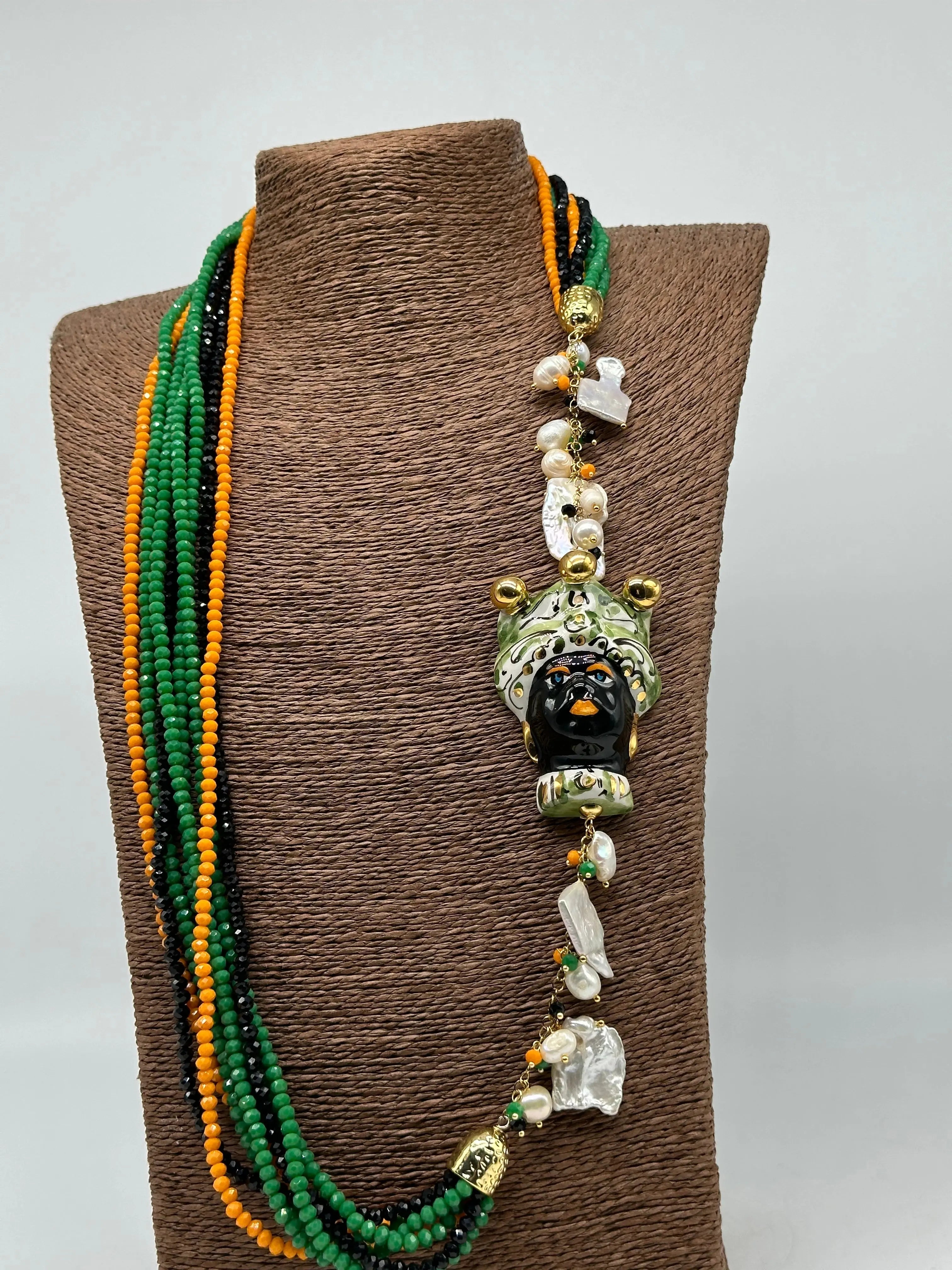 Collana Siciliana Testa di Moro Ceramica di Caltagirone Pietre Verde Arancio Nero DD CERAMICHE SICILIANE