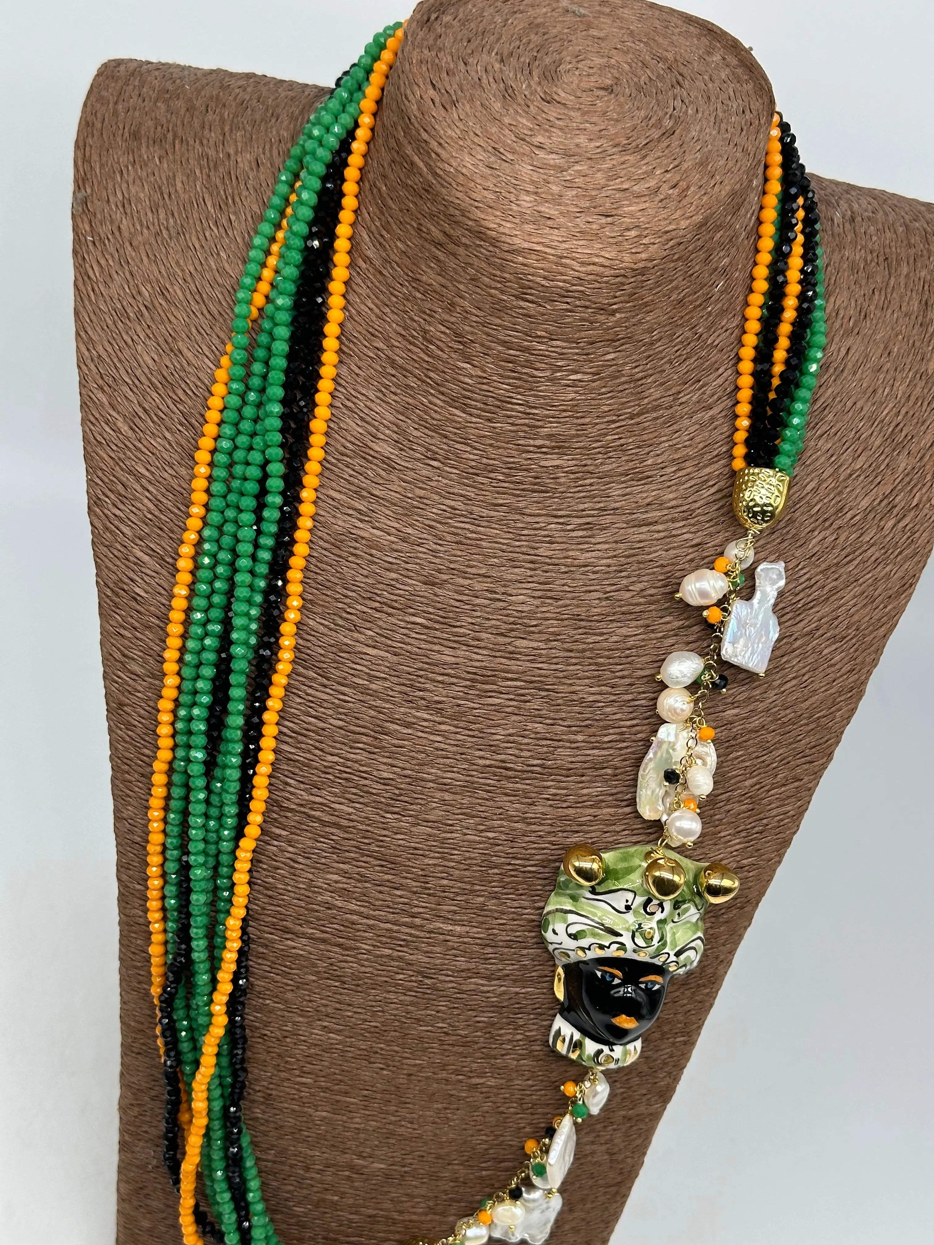 Collana Siciliana Testa di Moro Ceramica di Caltagirone Pietre Verde Arancio Nero DD CERAMICHE SICILIANE