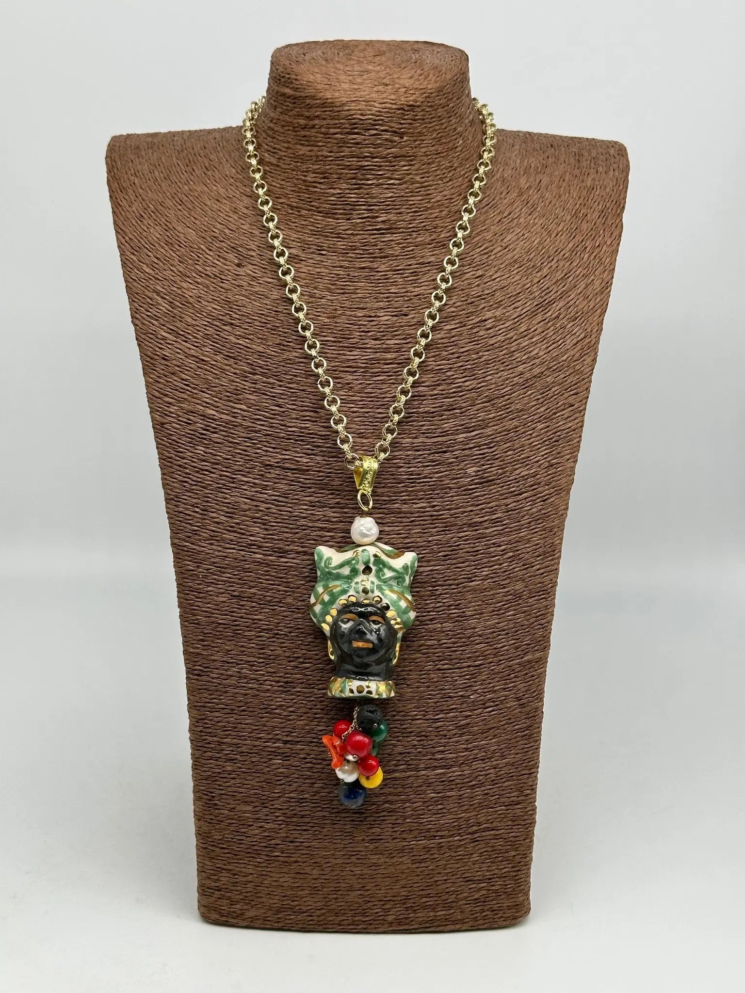 Collana Siciliana Testa di Moro Ceramica di Caltagirone Turbante Verde Decorato dettagli Oro - COLLANA