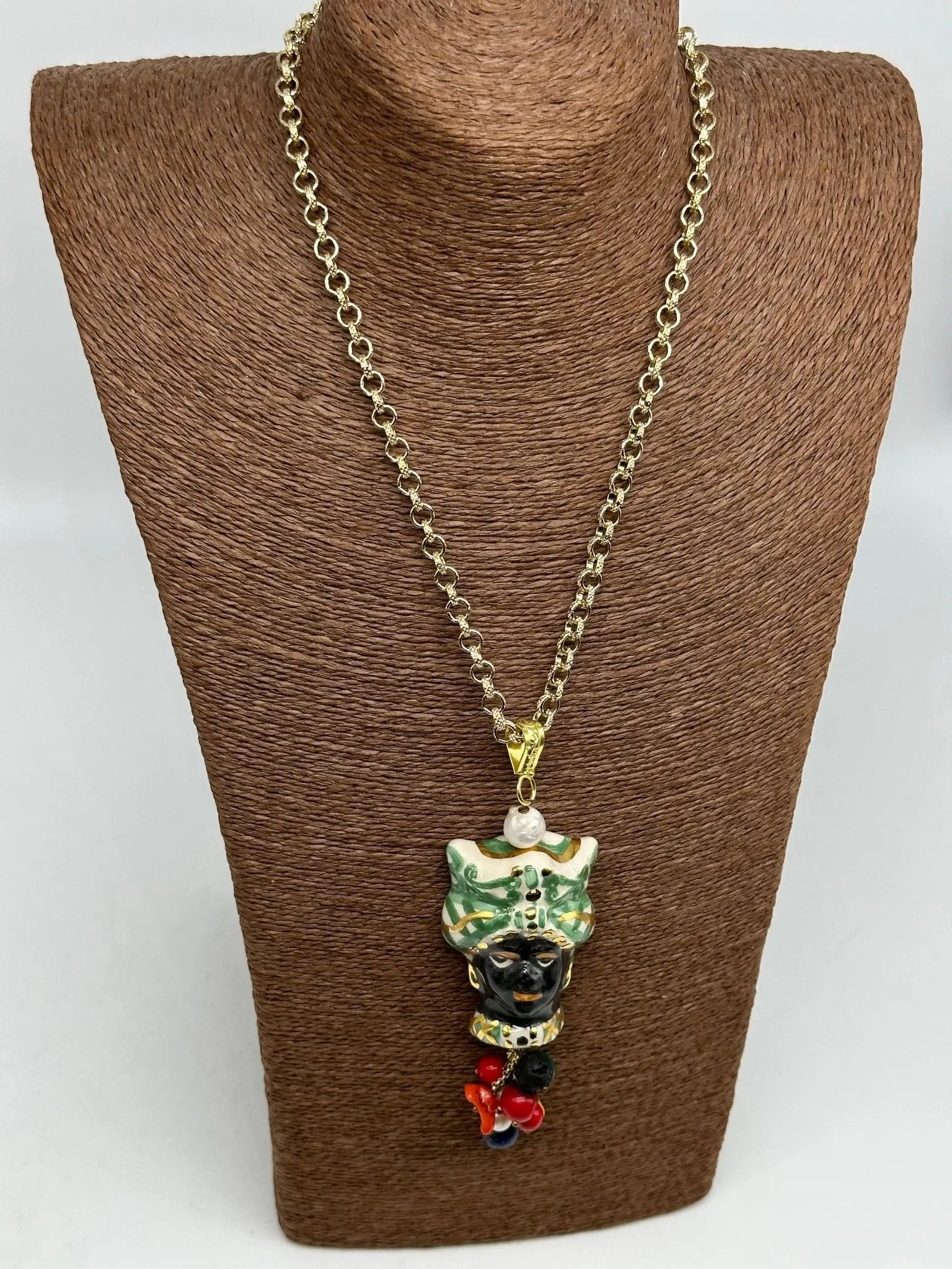 Collana Siciliana Testa di Moro Ceramica di Caltagirone Turbante Verde Decorato dettagli Oro - COLLANA