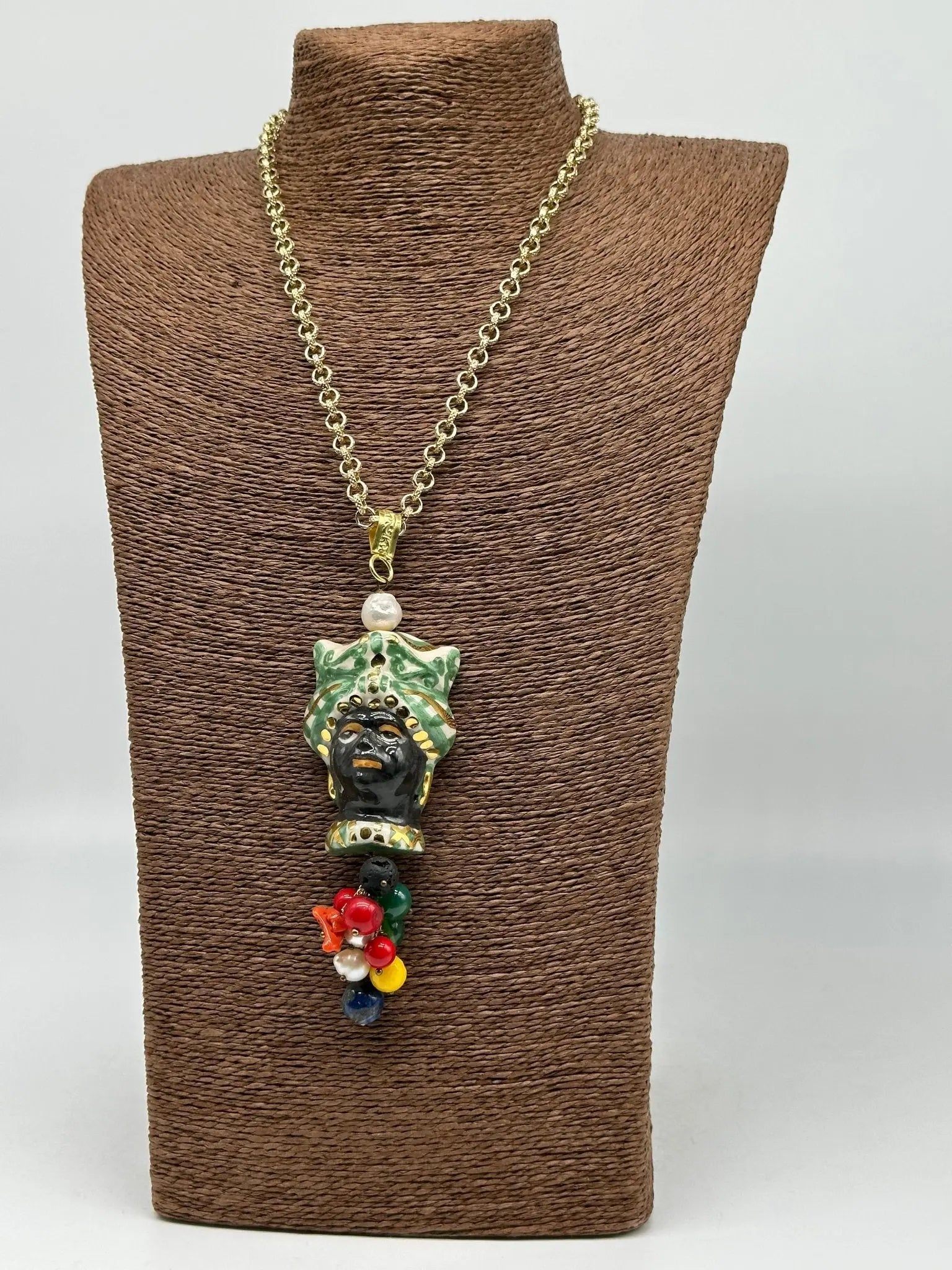 Collana Siciliana Testa di Moro Ceramica di Caltagirone Turbante Verde Decorato dettagli Oro - COLLANA