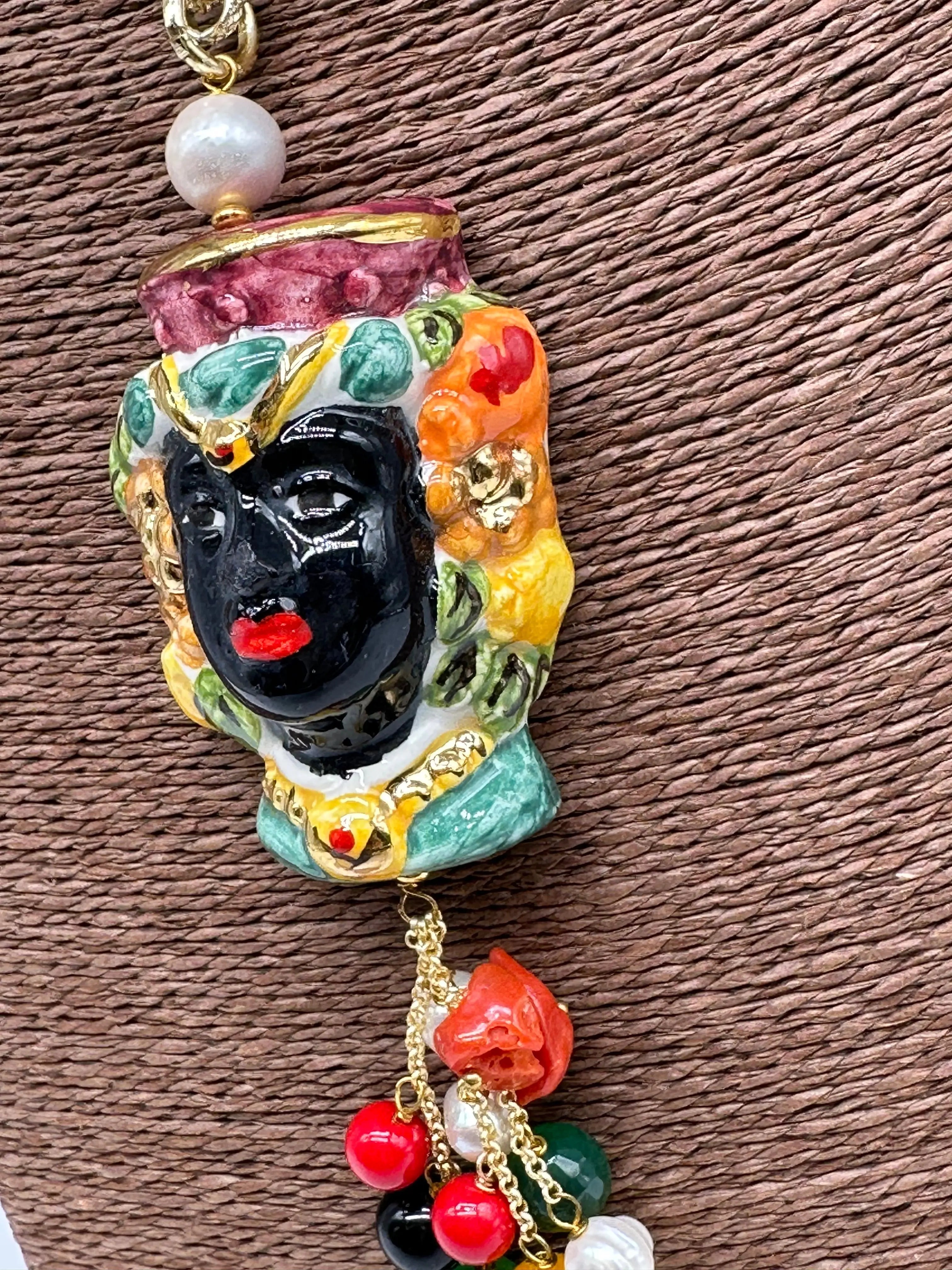 Collana Siciliana Testa di Moro Ceramica di Caltagirone Stile Classico V.4 DD CERAMICHE SICILIANE