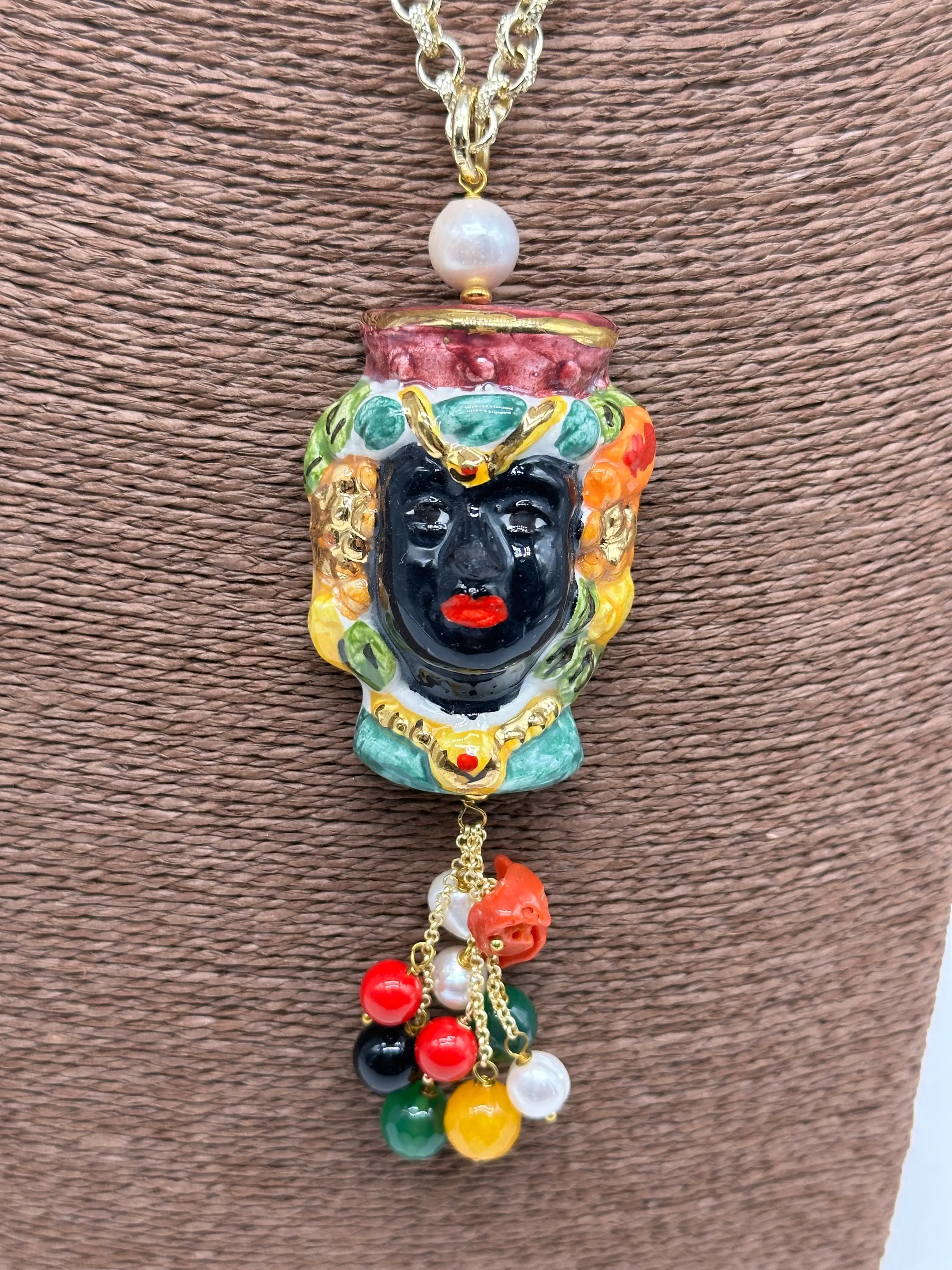 Collana Siciliana Testa di Moro Ceramica di Caltagirone Stile Classico V.4 DD CERAMICHE SICILIANE