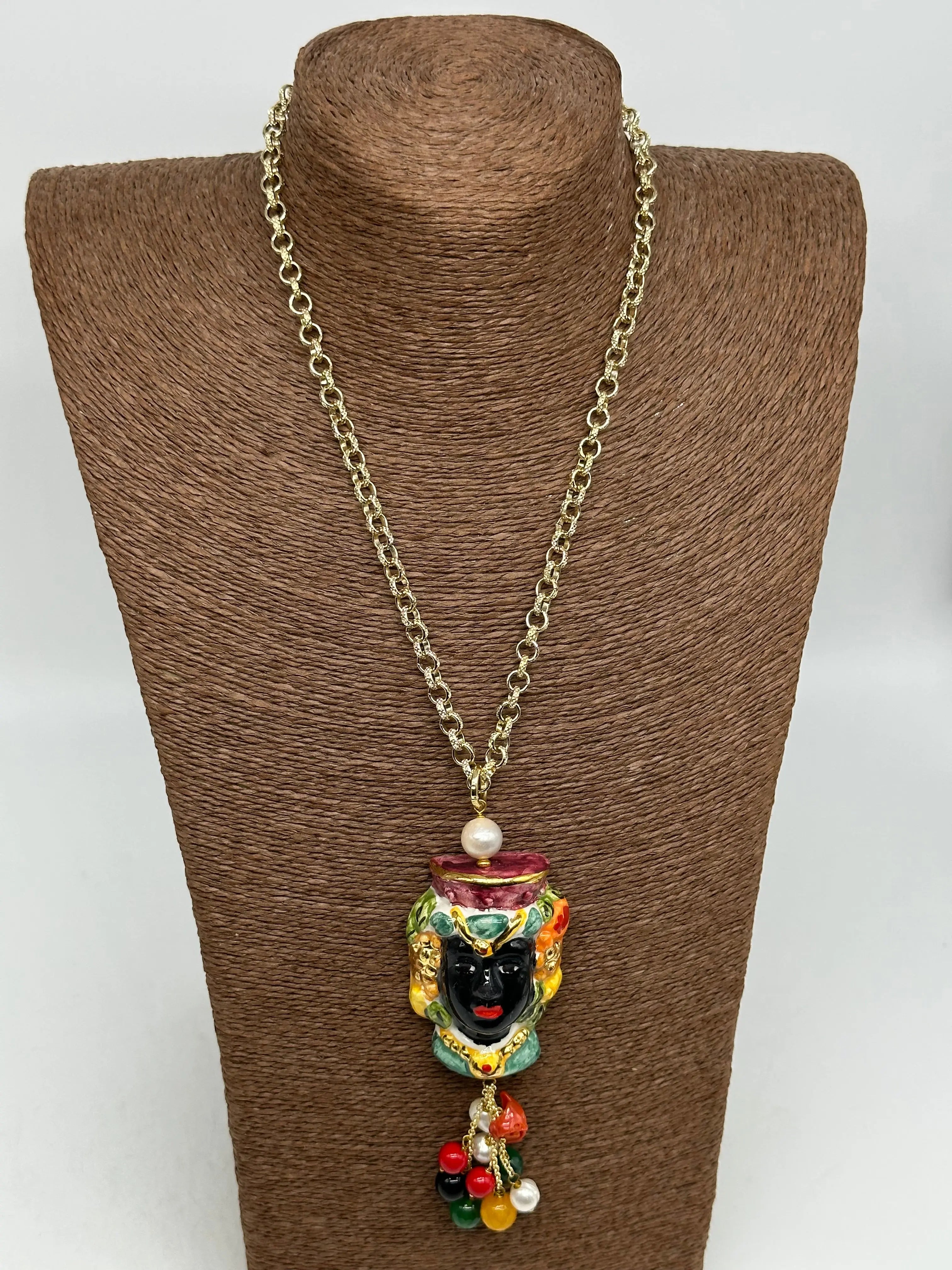 Collana Siciliana Testa di Moro Ceramica di Caltagirone Stile Classico V.4 DD CERAMICHE SICILIANE