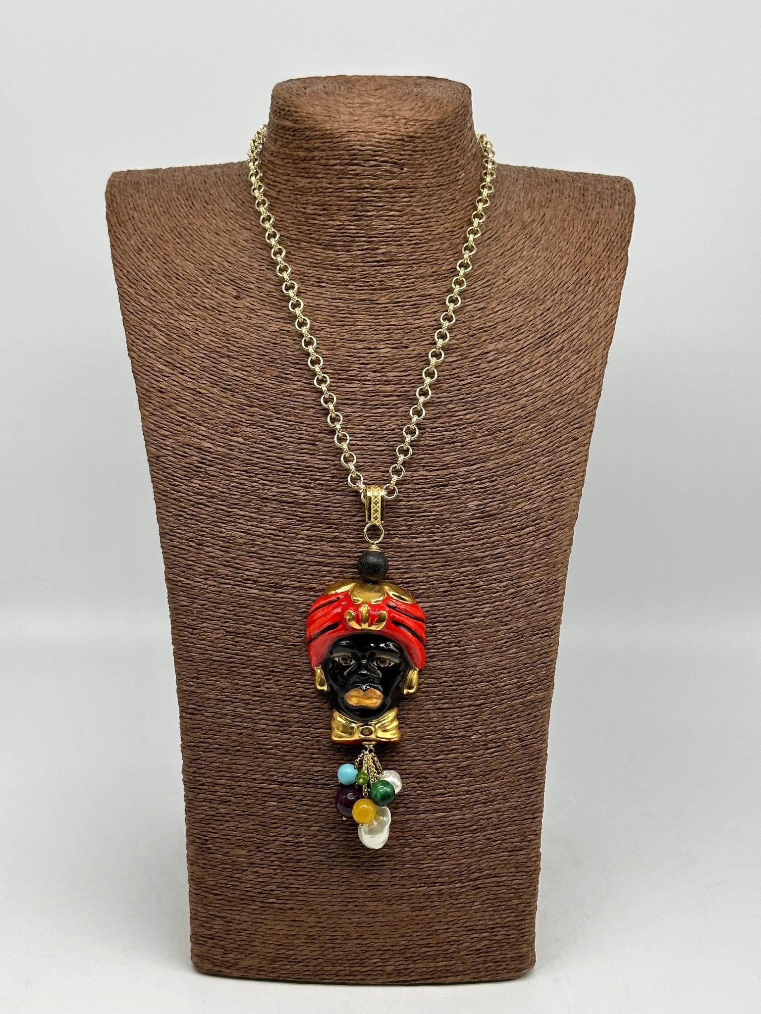 Collana Siciliana Testa di Moro Ceramica di Caltagirone Turbante Rosso Decorato - DD CERAMICHE SICILIANE